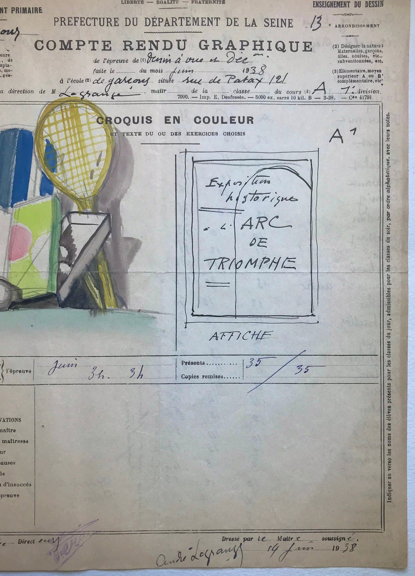 An original artwork. An Examination Piece from a Parisian Art School. Dated 1938. Size: 27 x 21 cms.