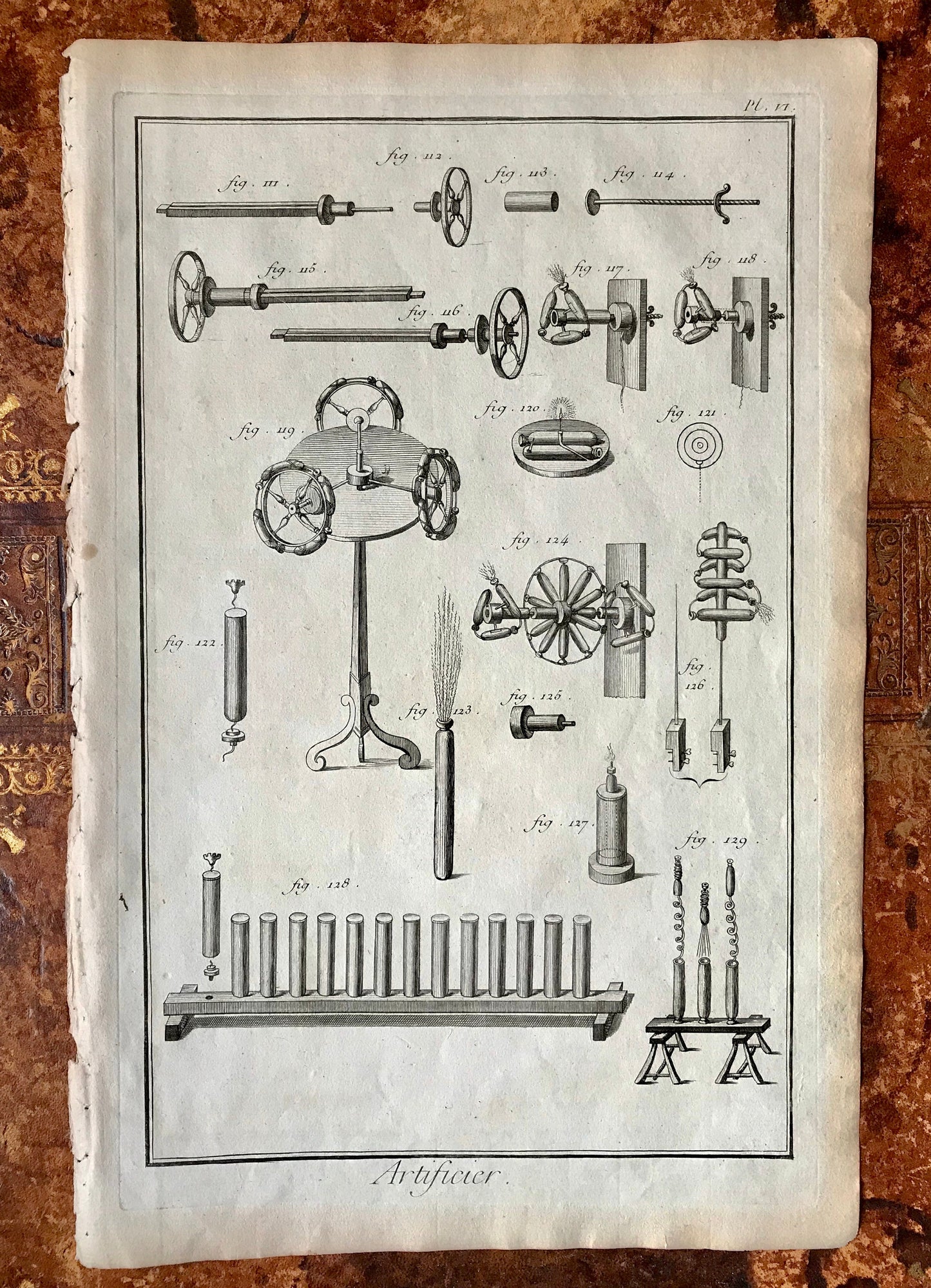 A Set of Seven antique Engraved Plates Illustrating the Manufacture of Fireworks - “Artificier”. Dated 1762. From the Recuil de Planche.