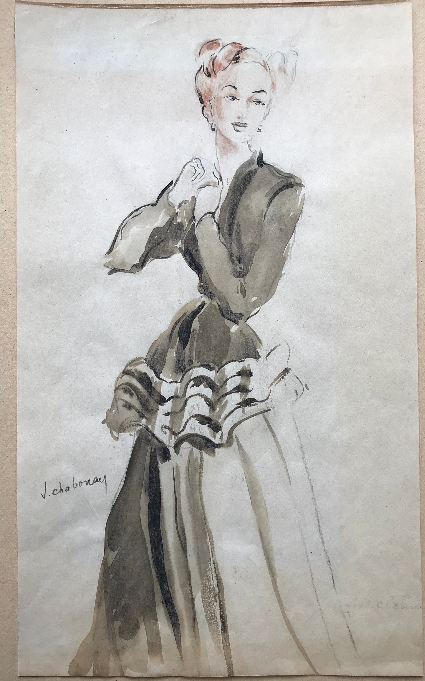 An Original Fashion Design. French. Circa 1950’s. By Janine Chabonay. Size: 11 3/4 x 7 inches.