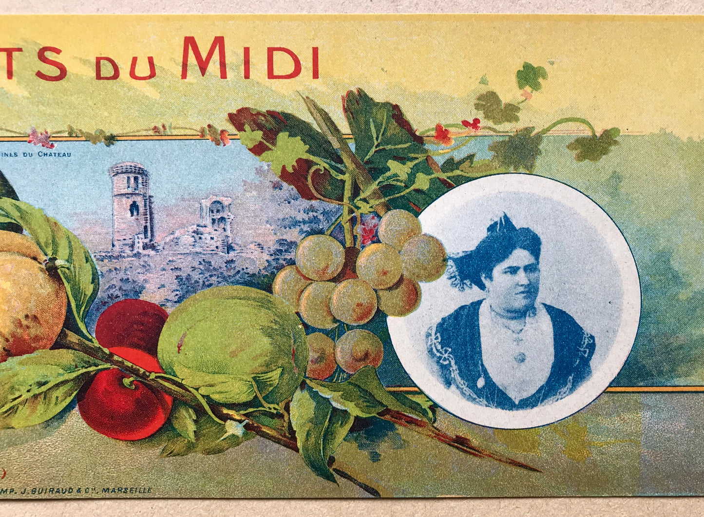 Fruits de Midi. A Label for a Fruit Crate From Marseille, France. Late 1800’s. Excellent Condition. Size: 12 x 35 cms.