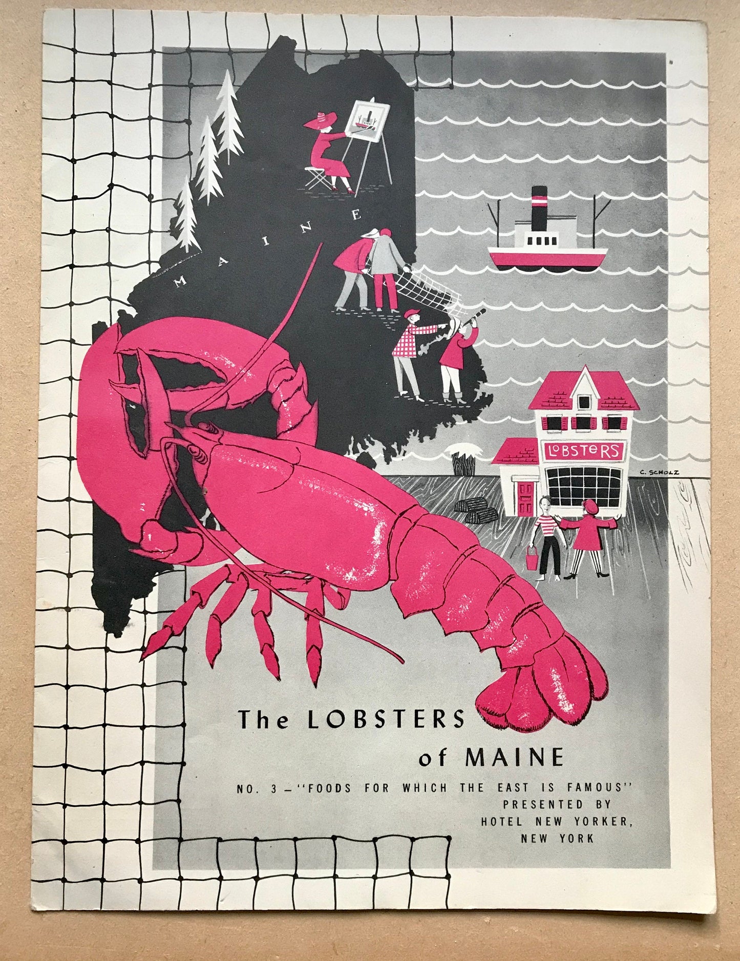 4 Original Menus Presented To Hotel Guests by The Hotel New Yorker in 1950. Artwork by C. Scholtz. Size: 30.5 x 23 cms.