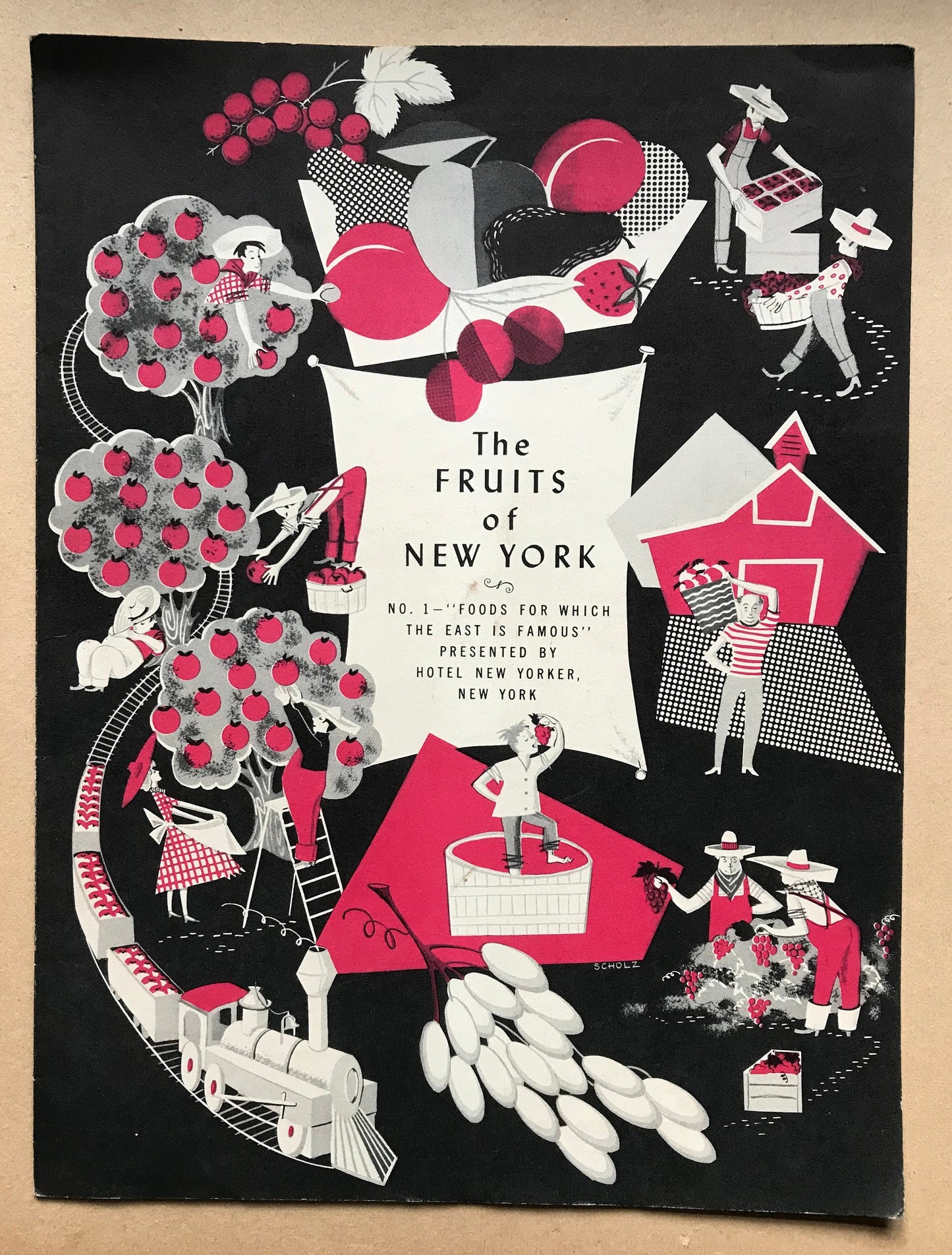 4 Original Menus Presented To Hotel Guests by The Hotel New Yorker in 1950. Artwork by C. Scholtz. Size: 30.5 x 23 cms.
