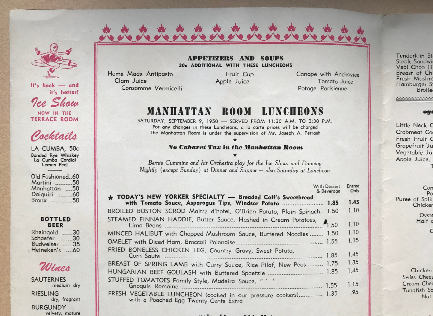 4 Original Menus Presented To Hotel Guests by The Hotel New Yorker in 1950. Artwork by C. Scholtz. Size: 30.5 x 23 cms.