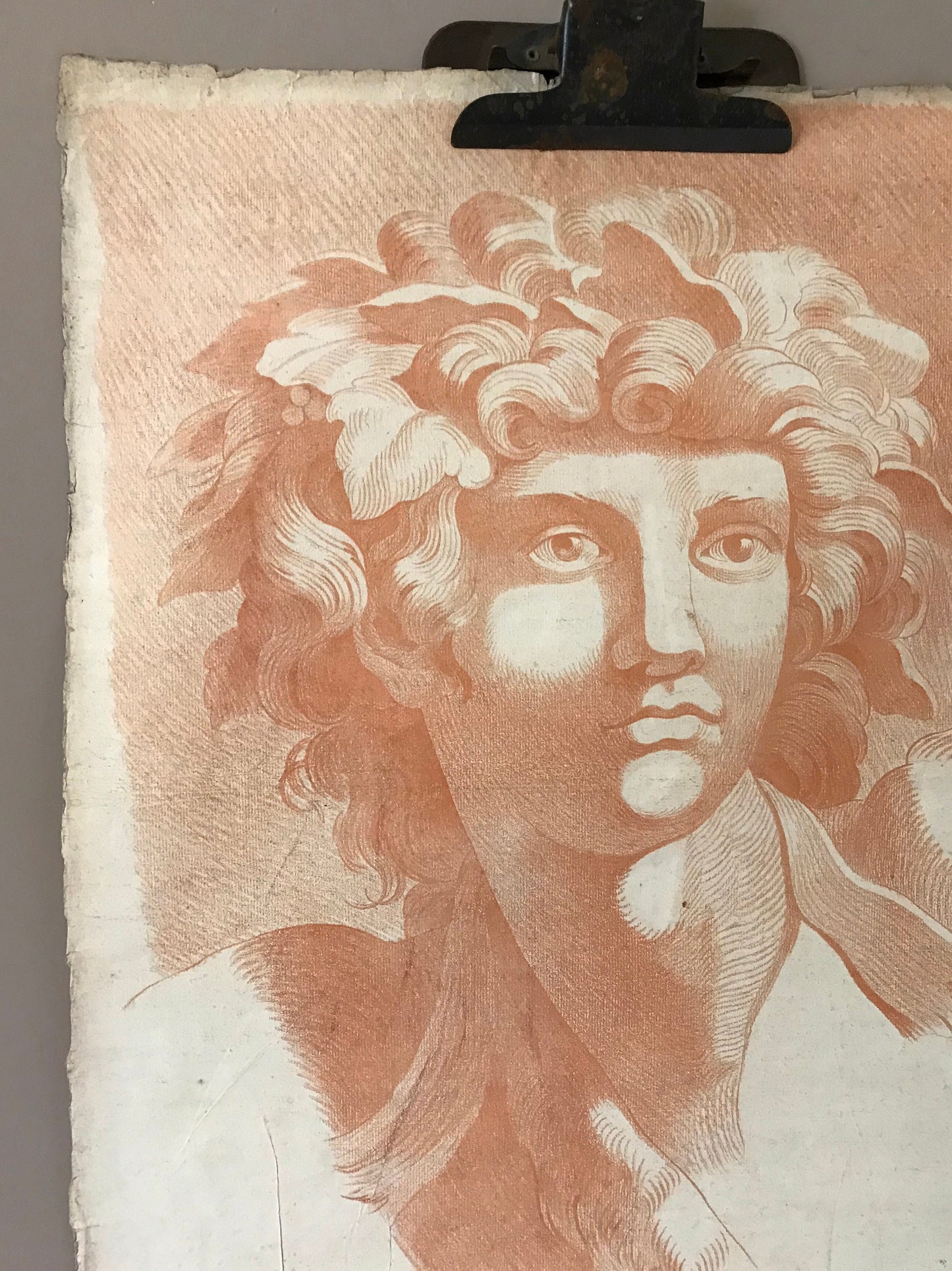 An Original 18th Century Sanguine Portrait. A Study of The Head of a Young Man. Dionysus or Bacchus. Handmade Paper. Large: 60 x 46 cms.