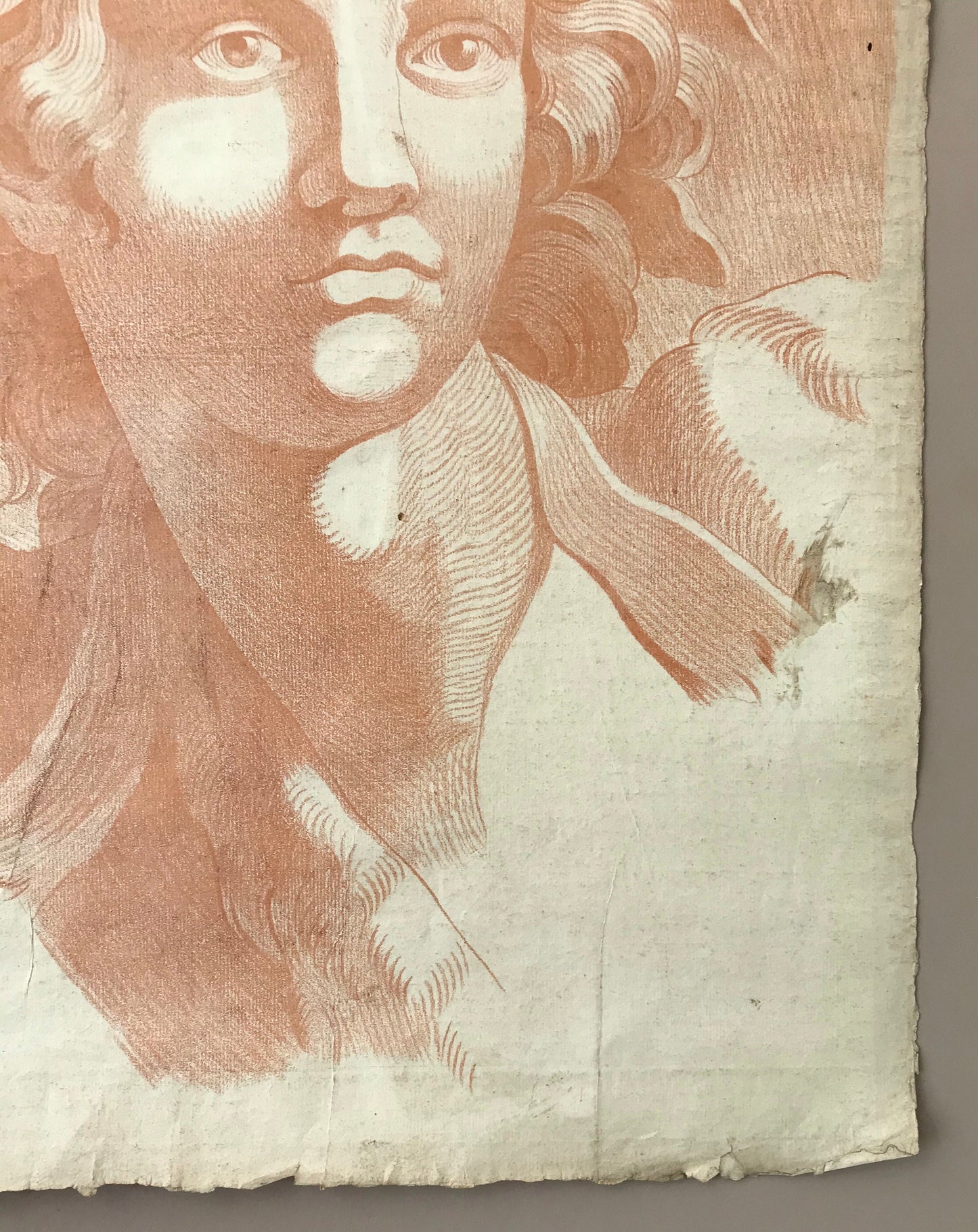 An Original 18th Century Sanguine Portrait. A Study of The Head of a Young Man. Dionysus or Bacchus. Handmade Paper. Large: 60 x 46 cms.