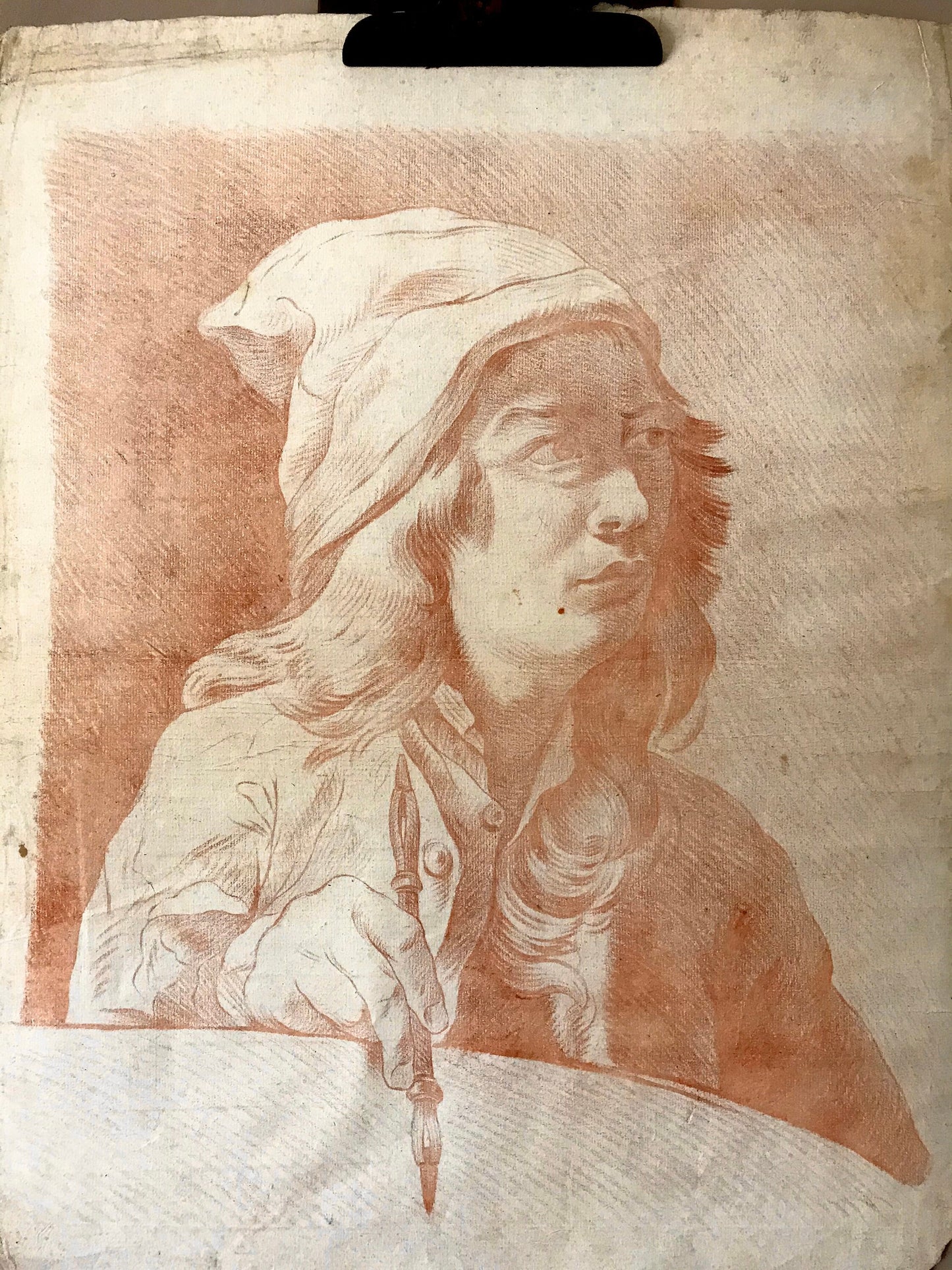 An Original 18th Century Sanguine Portrait. A study of an Artist or Craftsman. Possibly a self portrait. Handmade Paper. Large: 61 x 47 cms.