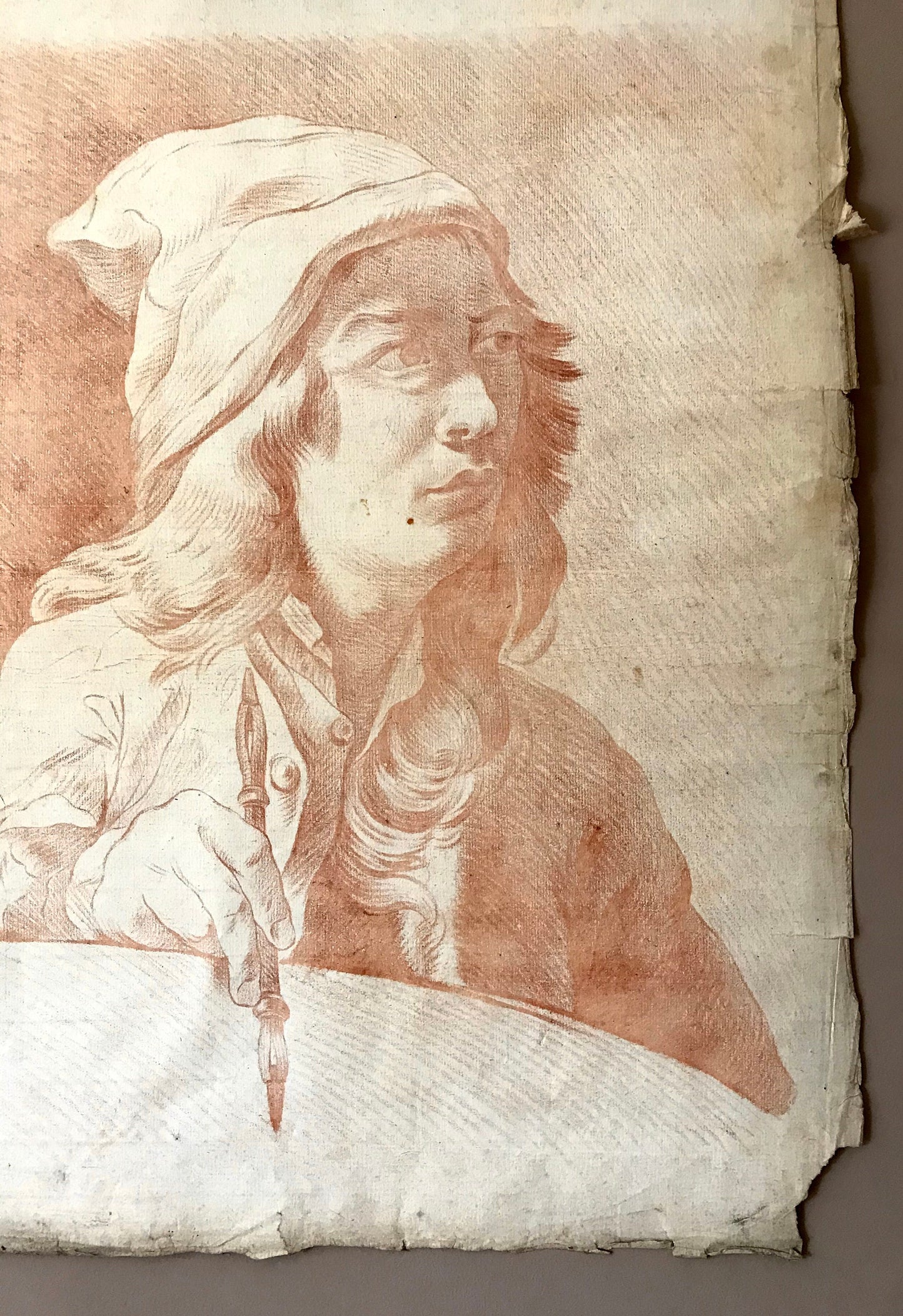 An Original 18th Century Sanguine Portrait. A study of an Artist or Craftsman. Possibly a self portrait. Handmade Paper. Large: 61 x 47 cms.
