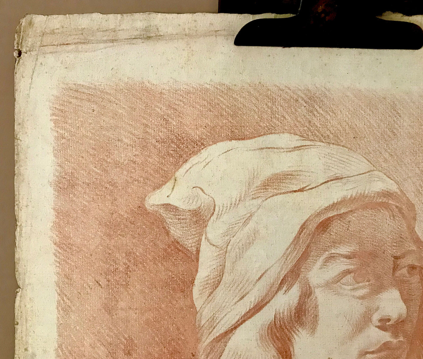An Original 18th Century Sanguine Portrait. A study of an Artist or Craftsman. Possibly a self portrait. Handmade Paper. Large: 61 x 47 cms.