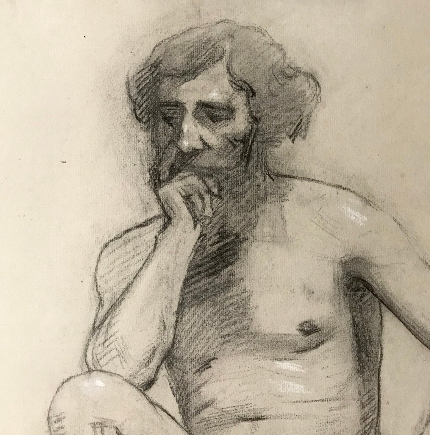A Original Drawing From Life of a Seated Man. Charcoal With White Highlights. Early 1900’s. Large: 63 x 48 cms.