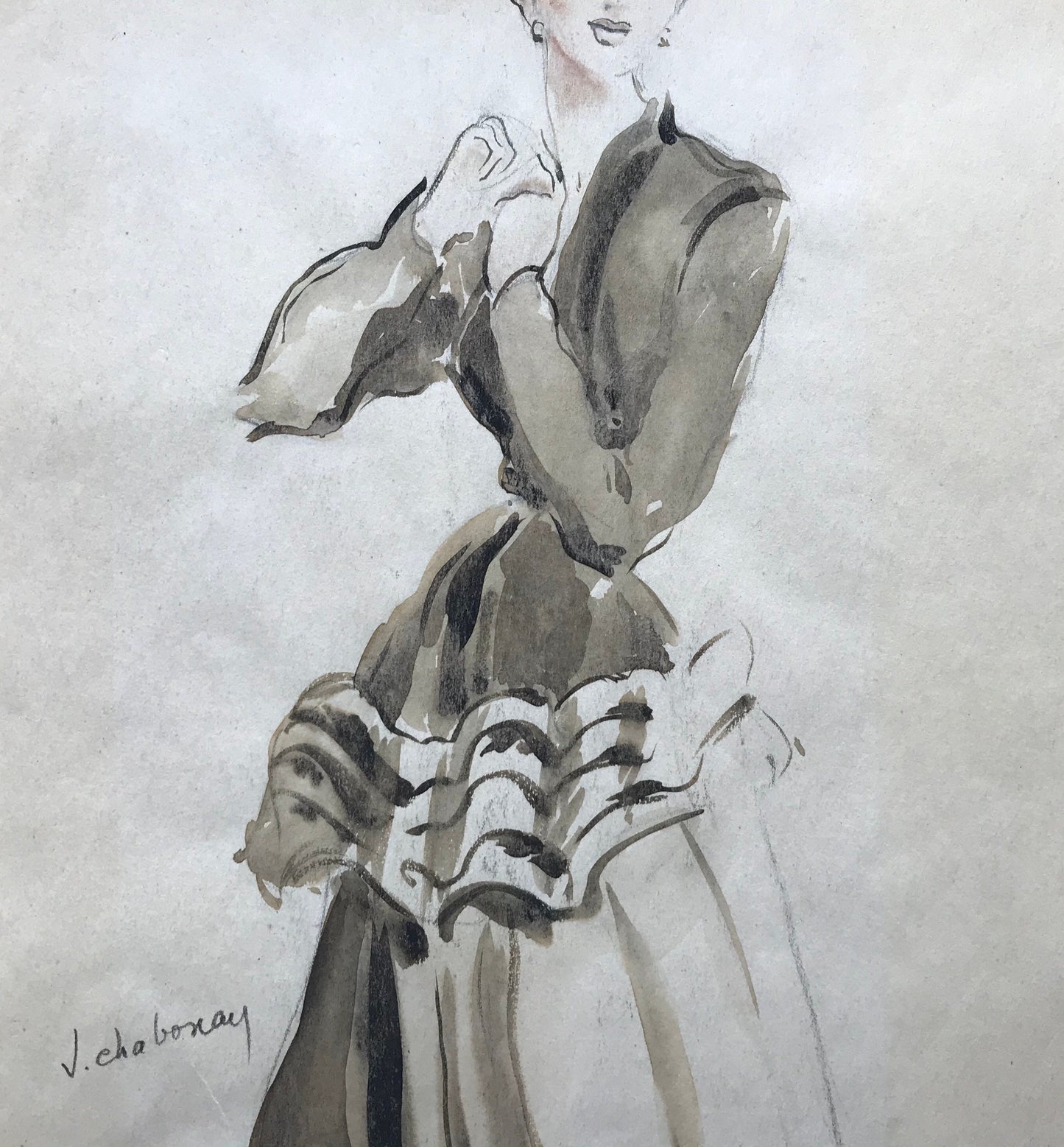 An Original Fashion Design. French. Circa 1950’s. By Janine Chabonay. Size: 11 3/4 x 7 inches.