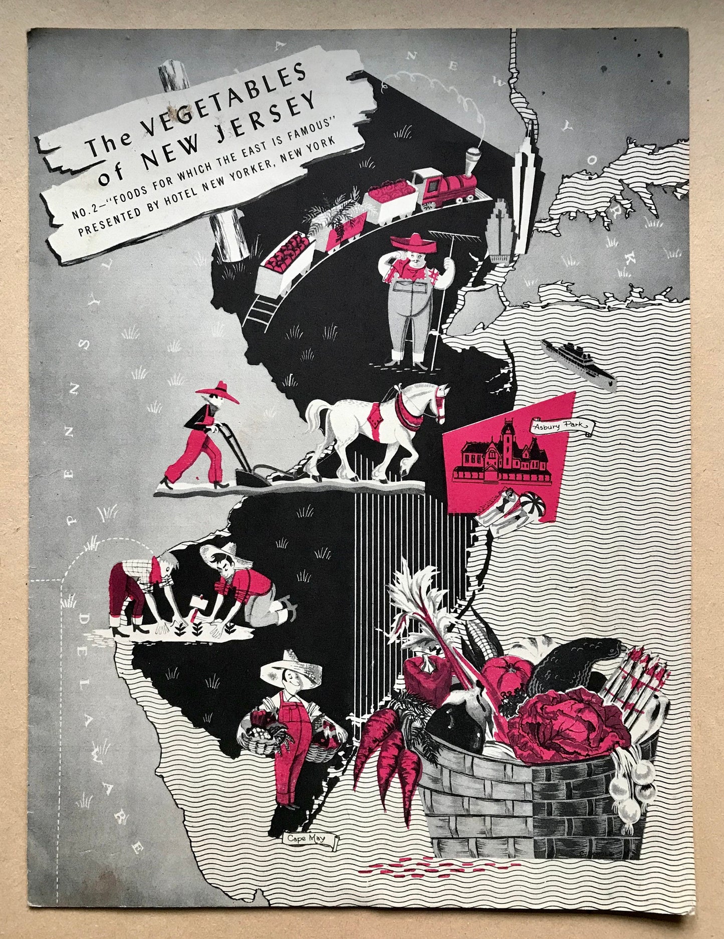4 Original Menus Presented To Hotel Guests by The Hotel New Yorker in 1950. Artwork by C. Scholtz. Size: 30.5 x 23 cms.