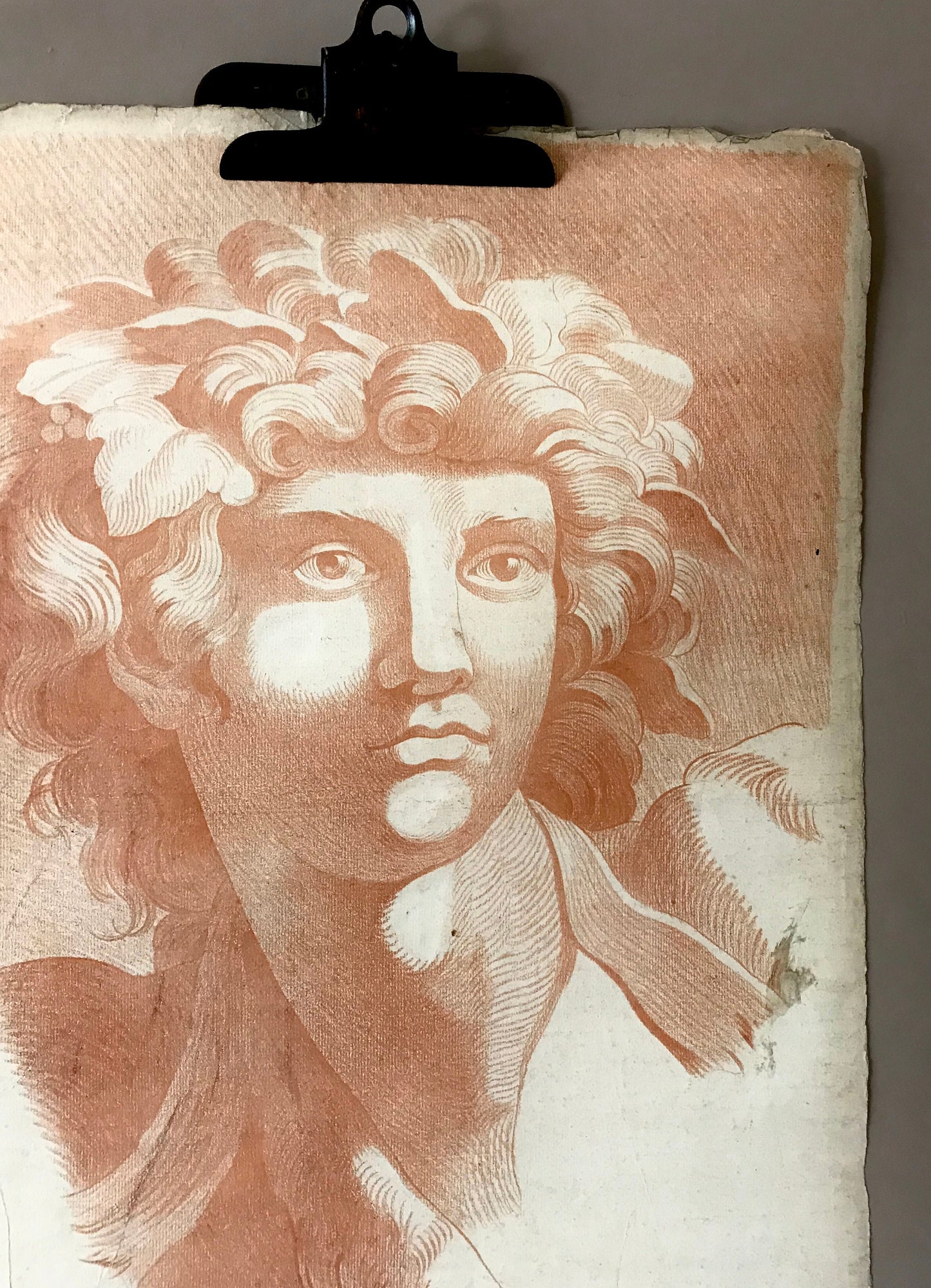 An Original 18th Century Sanguine Portrait. A Study of The Head of a Young Man. Dionysus or Bacchus. Handmade Paper. Large: 60 x 46 cms.
