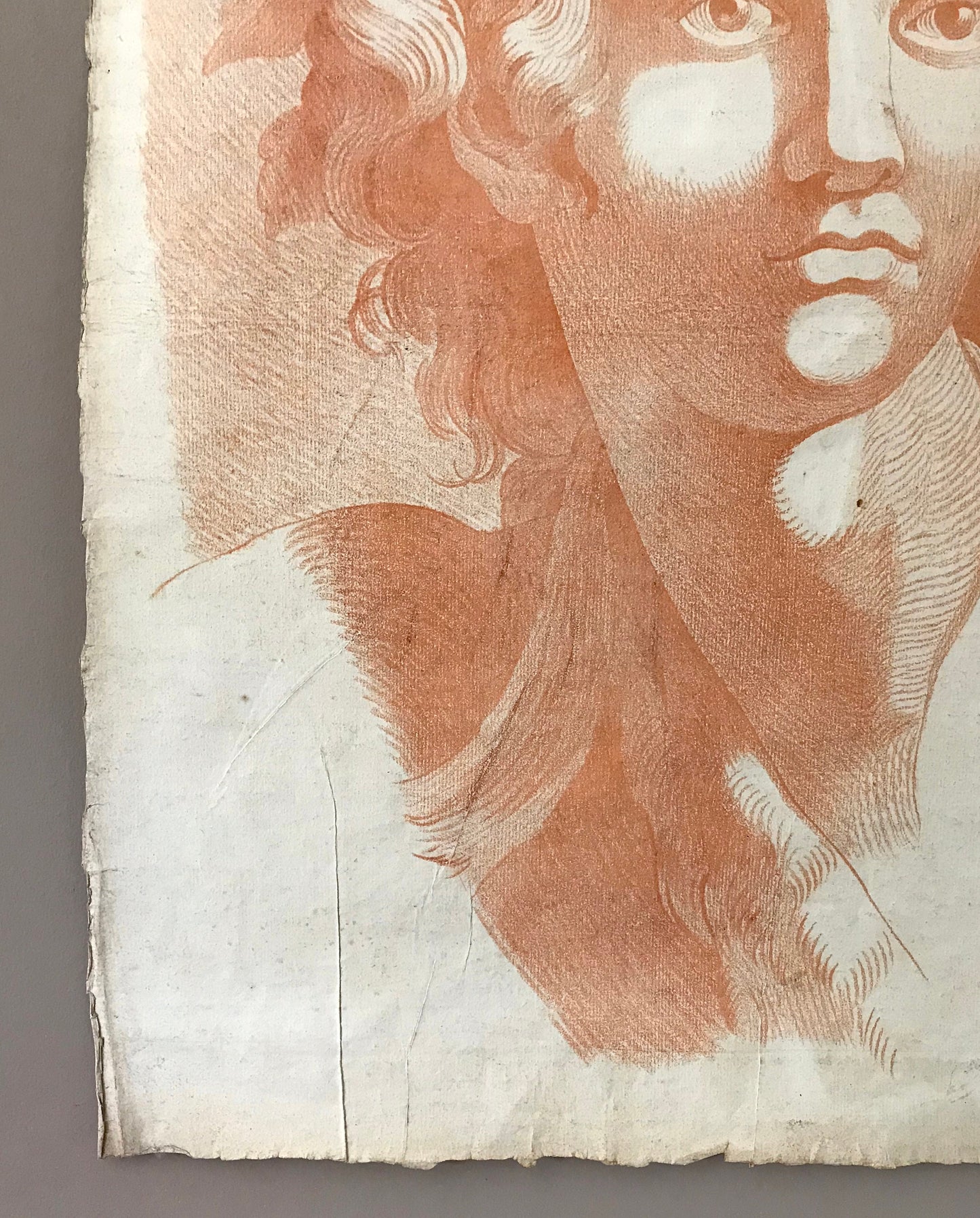 An Original 18th Century Sanguine Portrait. A Study of The Head of a Young Man. Dionysus or Bacchus. Handmade Paper. Large: 60 x 46 cms.