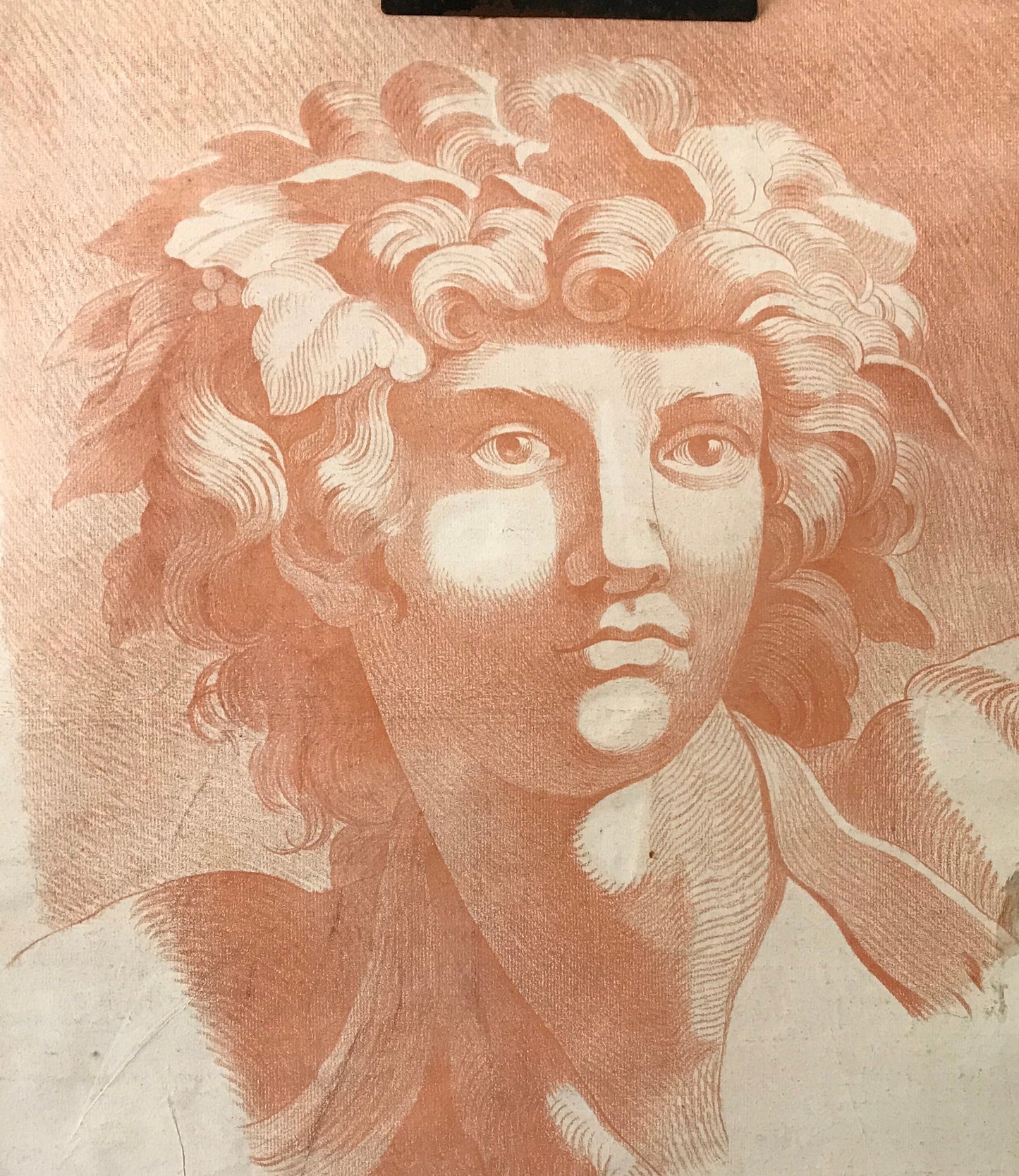 An Original 18th Century Sanguine Portrait. A Study of The Head of a Young Man. Dionysus or Bacchus. Handmade Paper. Large: 60 x 46 cms.