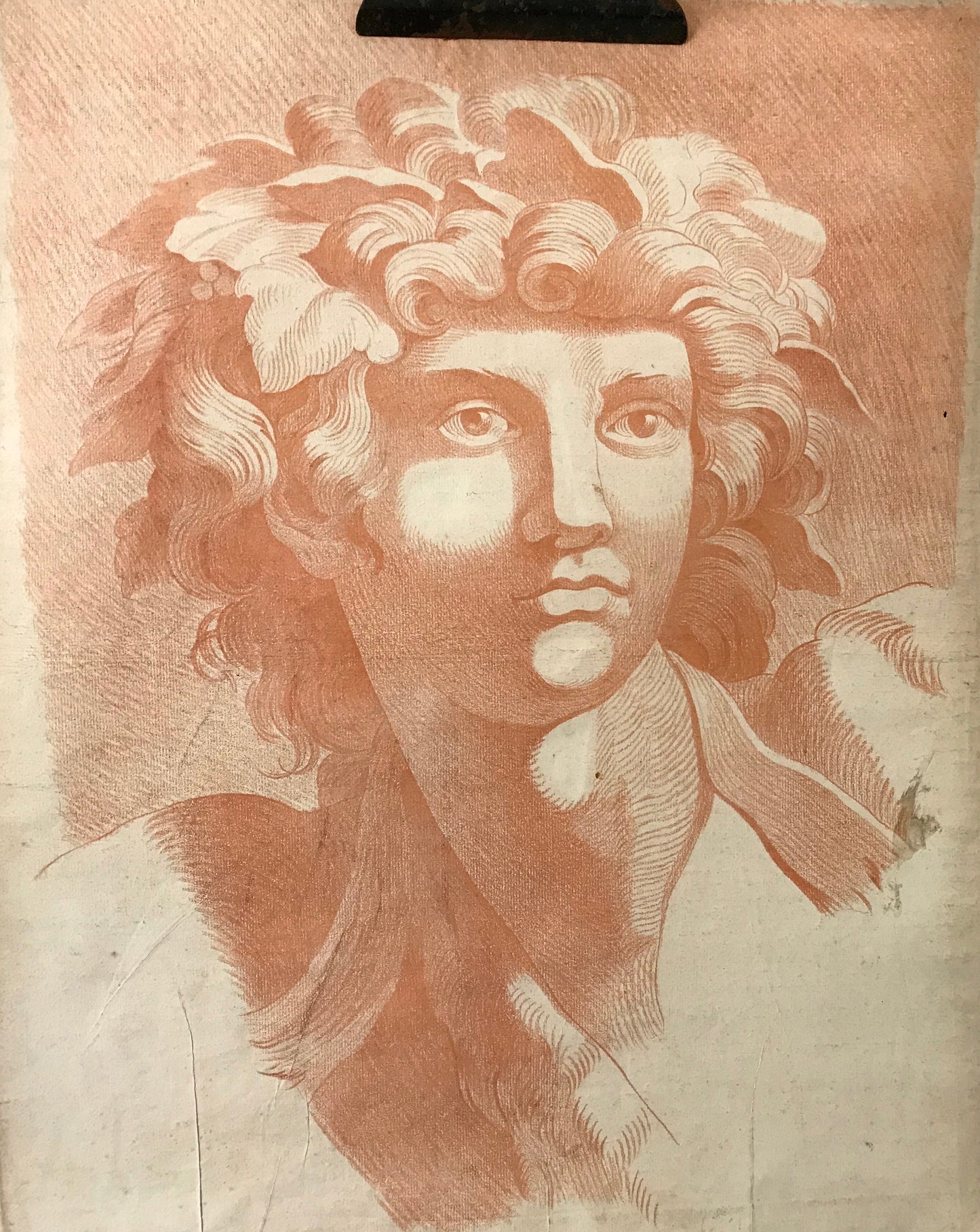An Original 18th Century Sanguine Portrait. A Study of The Head of a Young Man. Dionysus or Bacchus. Handmade Paper. Large: 60 x 46 cms.