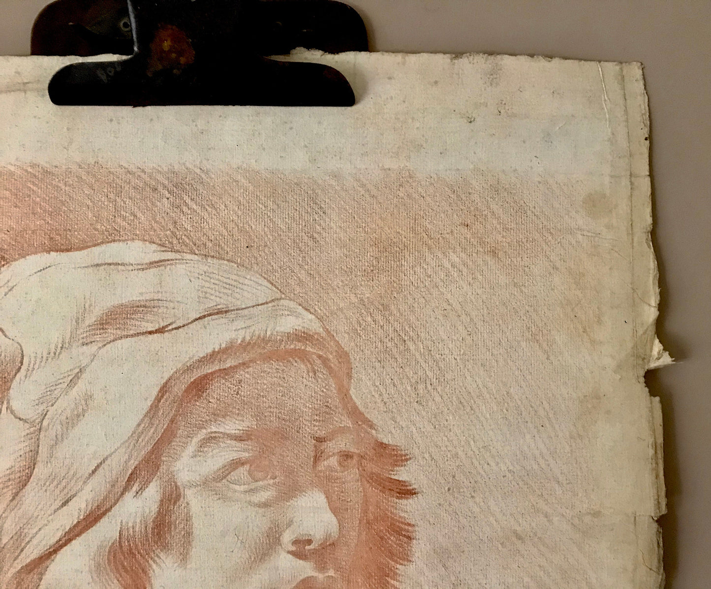 An Original 18th Century Sanguine Portrait. A study of an Artist or Craftsman. Possibly a self portrait. Handmade Paper. Large: 61 x 47 cms.