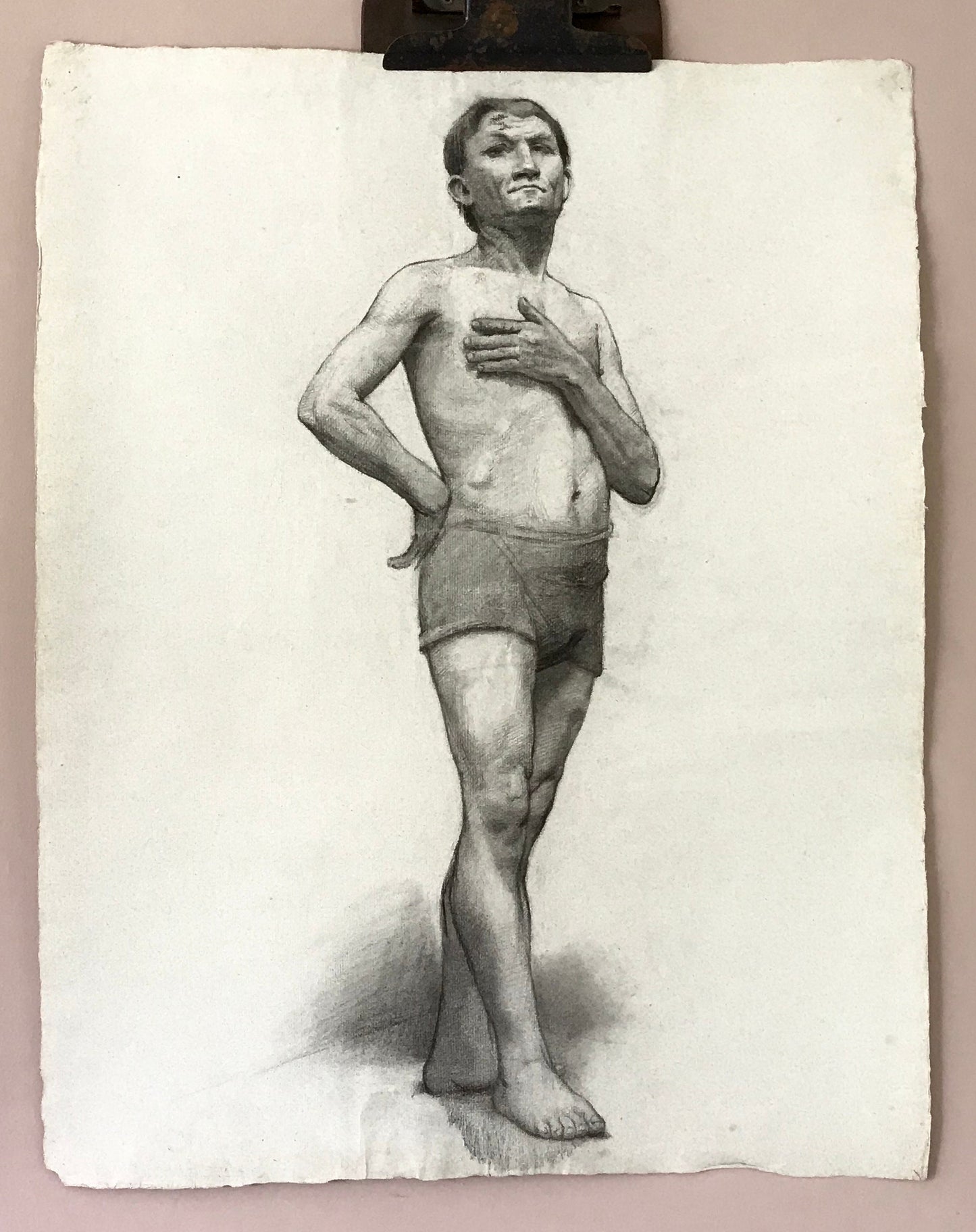 A Original Charcoal life Drawing of a Man. A French Art School Piece. Early 1900’s. Large: 61 x 49 cms.
