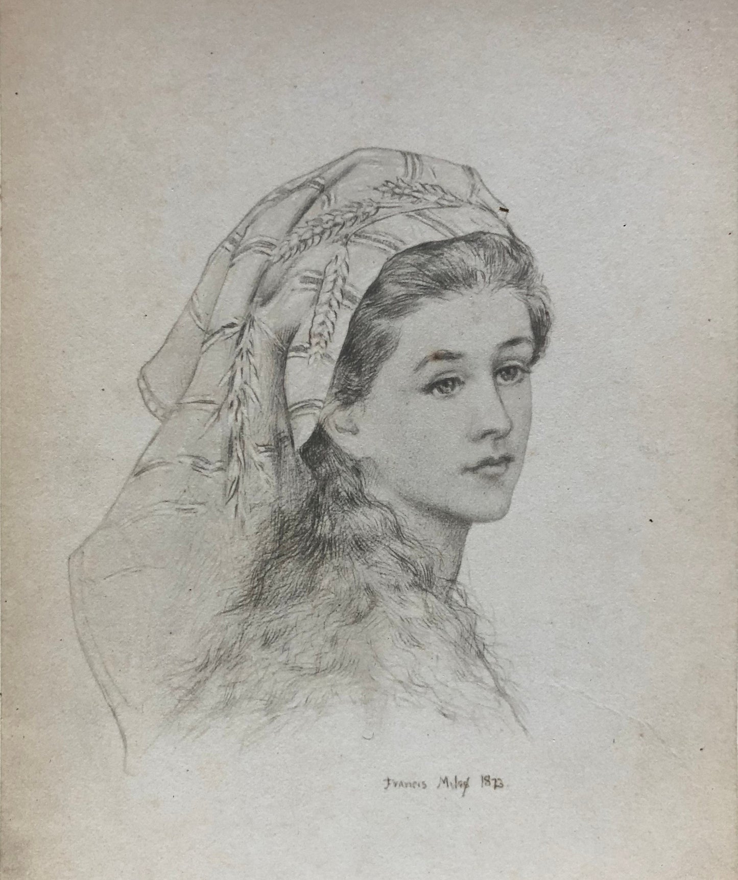5 Cabinet Cards. Copies of Pencil Drawings of Women by Francis Miles. In Red Cloth Portfolio. Dated 1872. Size: 16.5 x 10.5 cms.