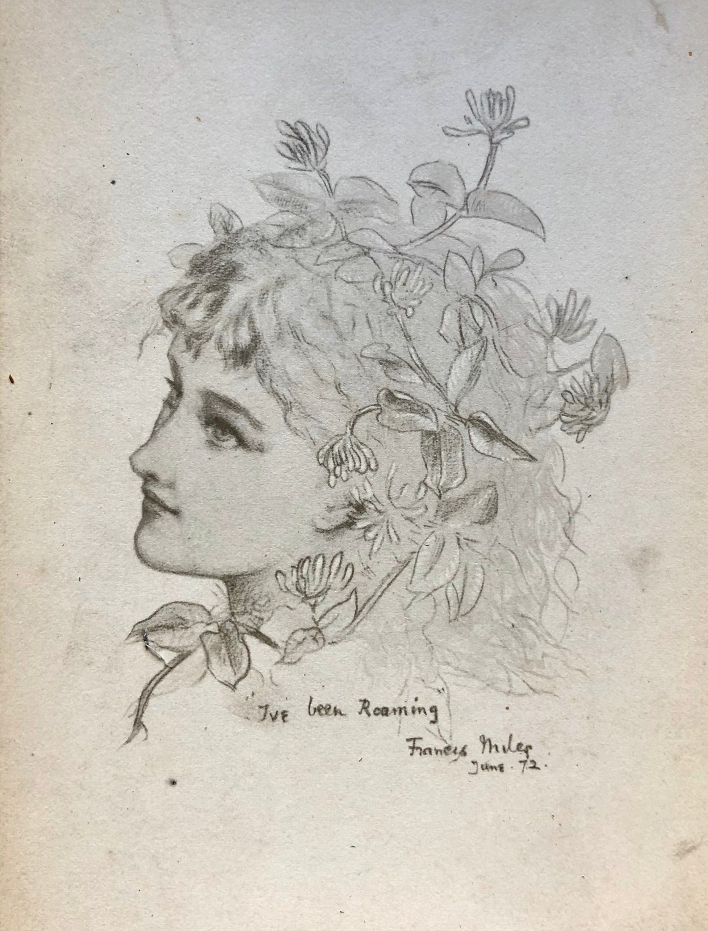 5 Cabinet Cards. Copies of Pencil Drawings of Women by Francis Miles. In Red Cloth Portfolio. Dated 1872. Size: 16.5 x 10.5 cms.