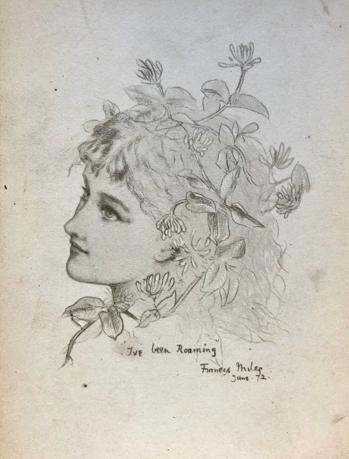 5 Cabinet Cards. Copies of Pencil Drawings of Women by Francis Miles. In Red Cloth Portfolio. Dated 1872. Size: 16.5 x 10.5 cms.
