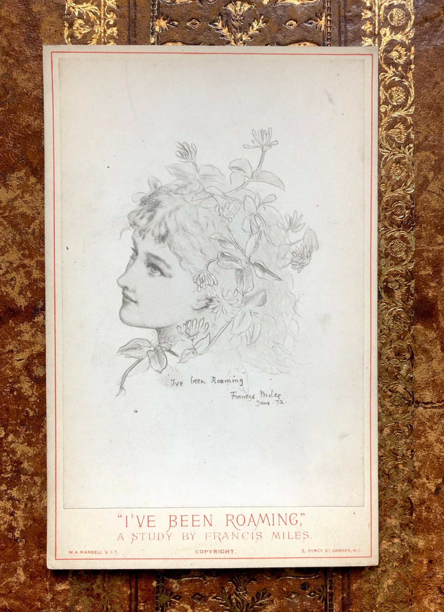 5 Cabinet Cards. Copies of Pencil Drawings of Women by Francis Miles. In Red Cloth Portfolio. Dated 1872. Size: 16.5 x 10.5 cms.