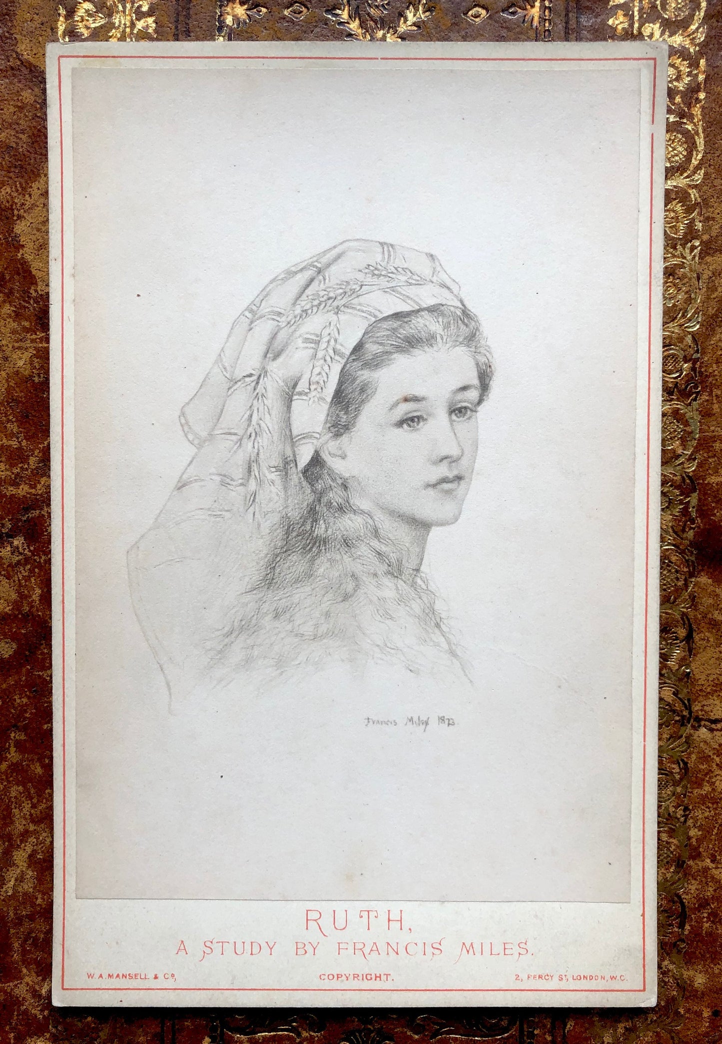 5 Cabinet Cards. Copies of Pencil Drawings of Women by Francis Miles. In Red Cloth Portfolio. Dated 1872. Size: 16.5 x 10.5 cms.