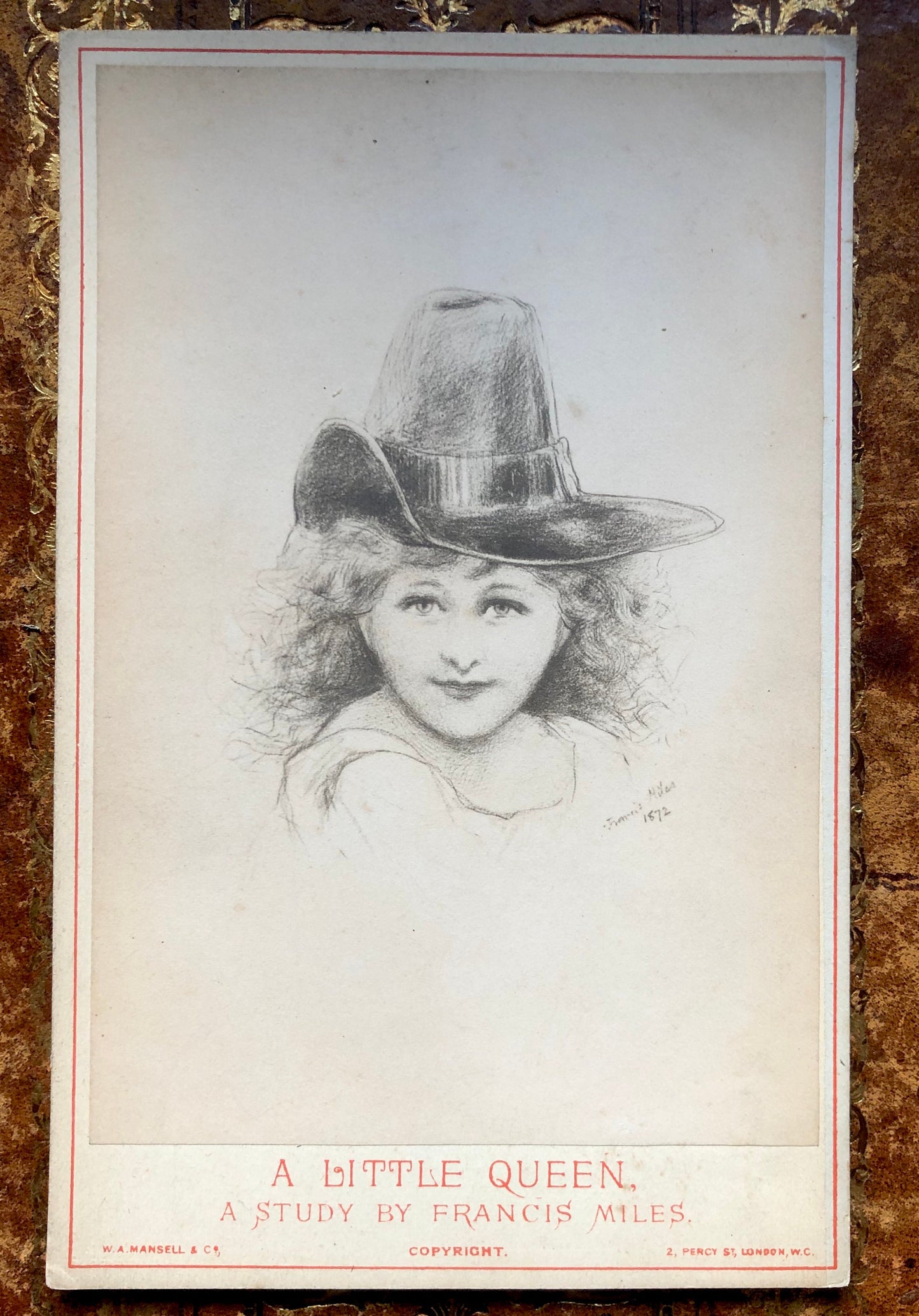 5 Cabinet Cards. Copies of Pencil Drawings of Women by Francis Miles. In Red Cloth Portfolio. Dated 1872. Size: 16.5 x 10.5 cms.