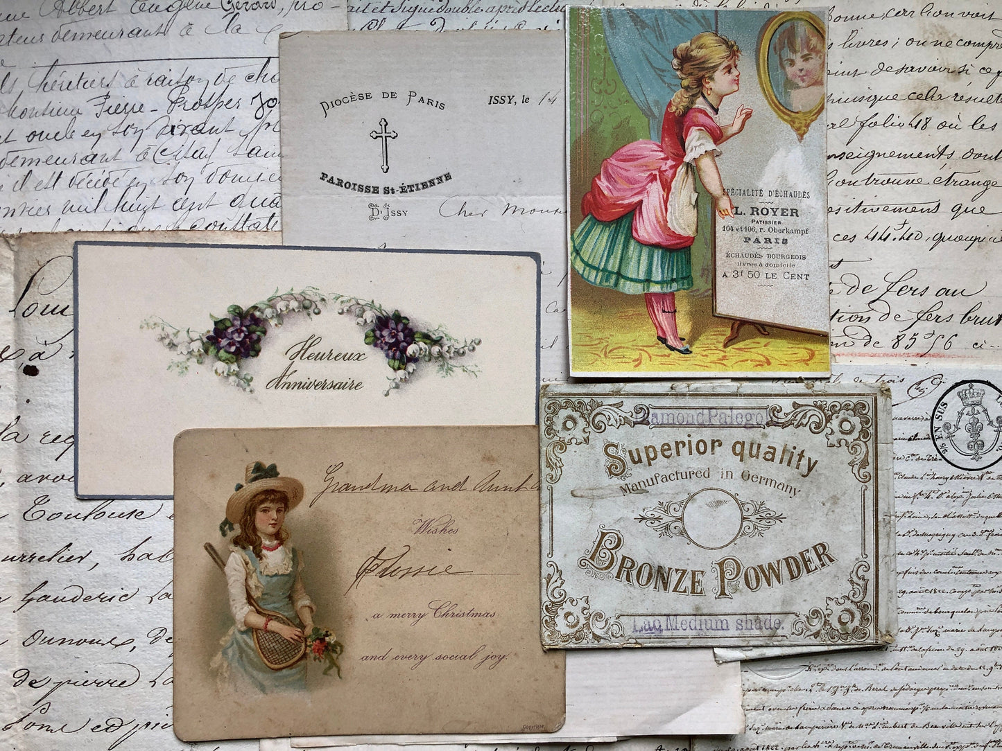 A Generous Quantity of Antique French Papers, Cards and Engravings. 1800’s and 1900’s. For collage and decorative purposes.
