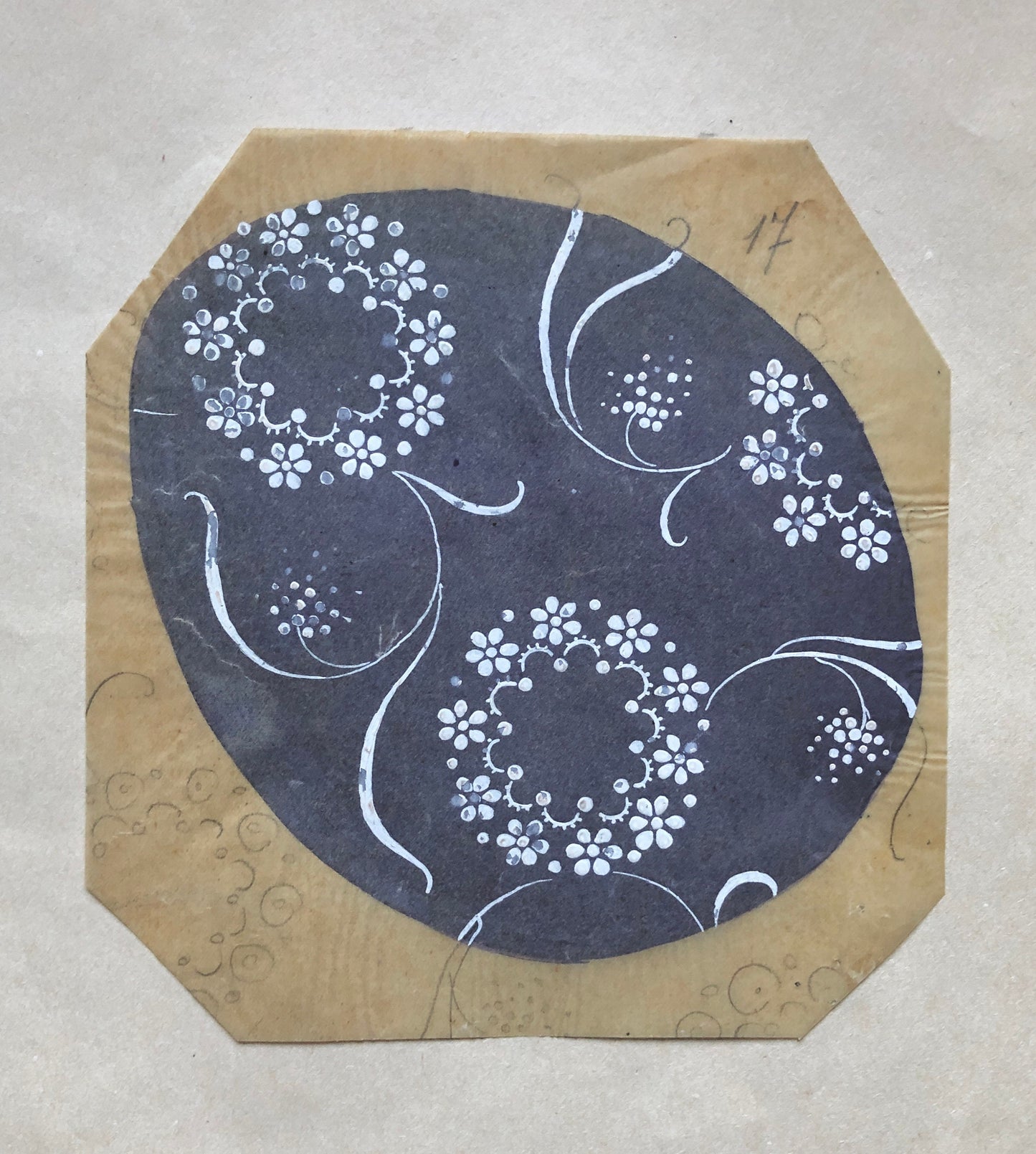 An Original Hand Painted Antique French Textile Design. Blue Grey Ground & White Flowers. Produced in Lyon in 1911. Size: 15.5 x 14.5 cms.
