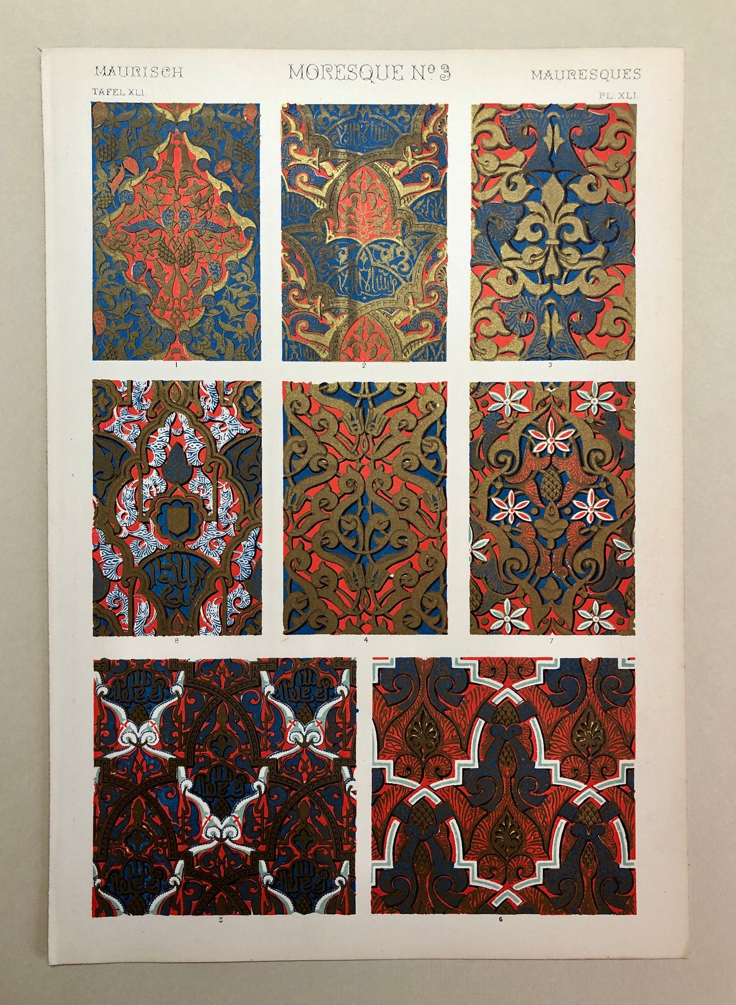 Moresque Ornament From The Alhambra. 6 Plates From The Grammar of Ornament by Owen Jones (1809 - 68). Size: 33 x 23 cms.