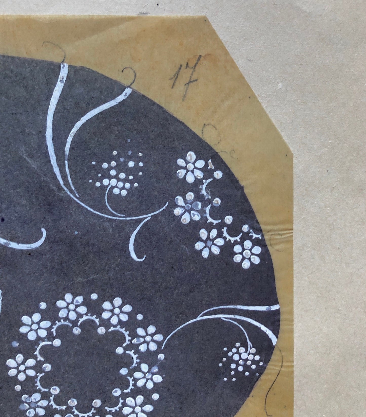 An Original Hand Painted Antique French Textile Design. Blue Grey Ground & White Flowers. Produced in Lyon in 1911. Size: 15.5 x 14.5 cms.