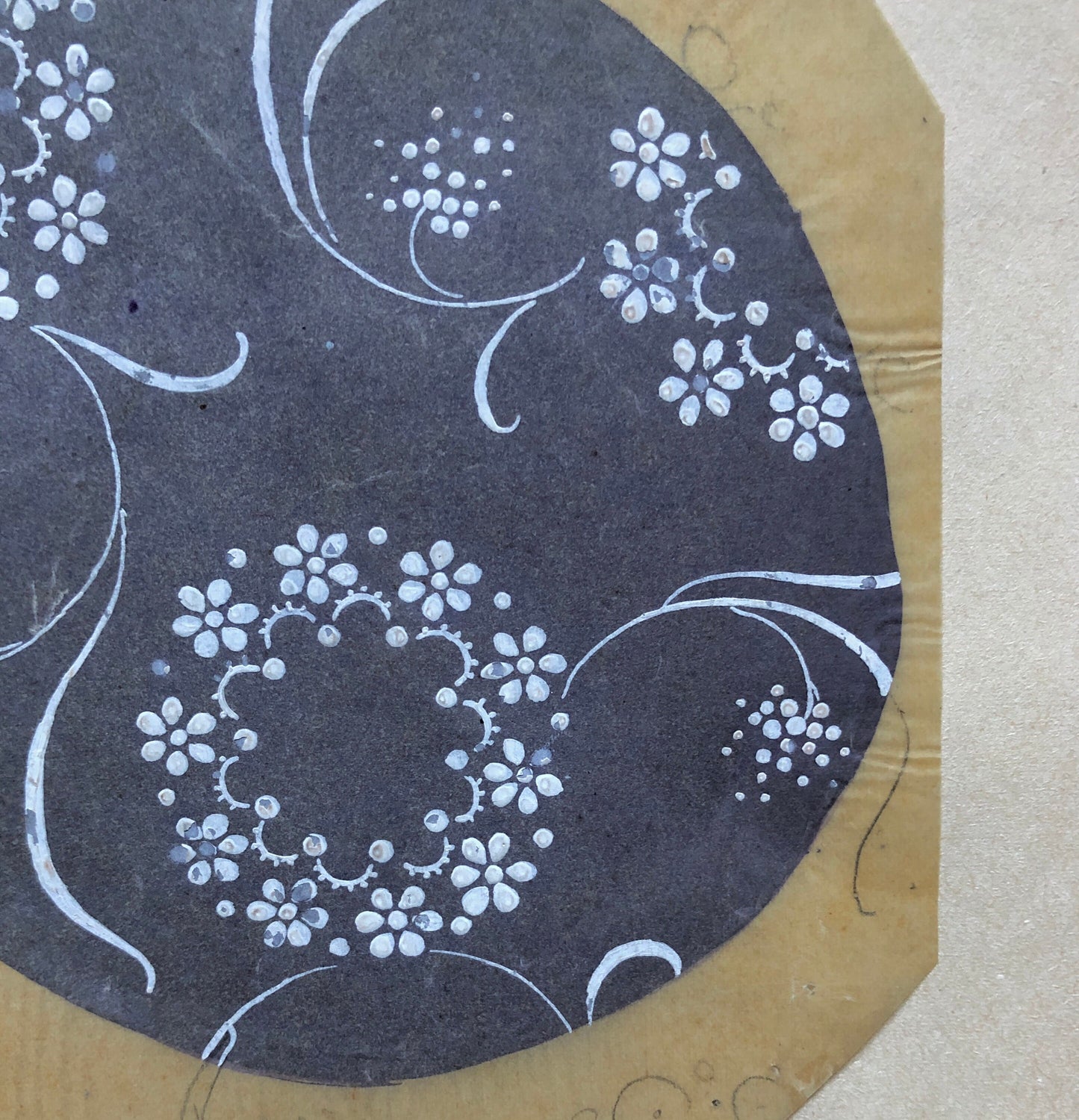 An Original Hand Painted Antique French Textile Design. Blue Grey Ground & White Flowers. Produced in Lyon in 1911. Size: 15.5 x 14.5 cms.