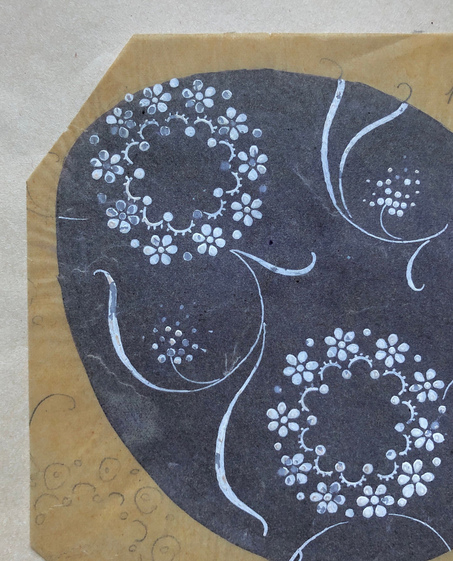 An Original Hand Painted Antique French Textile Design. Blue Grey Ground & White Flowers. Produced in Lyon in 1911. Size: 15.5 x 14.5 cms.