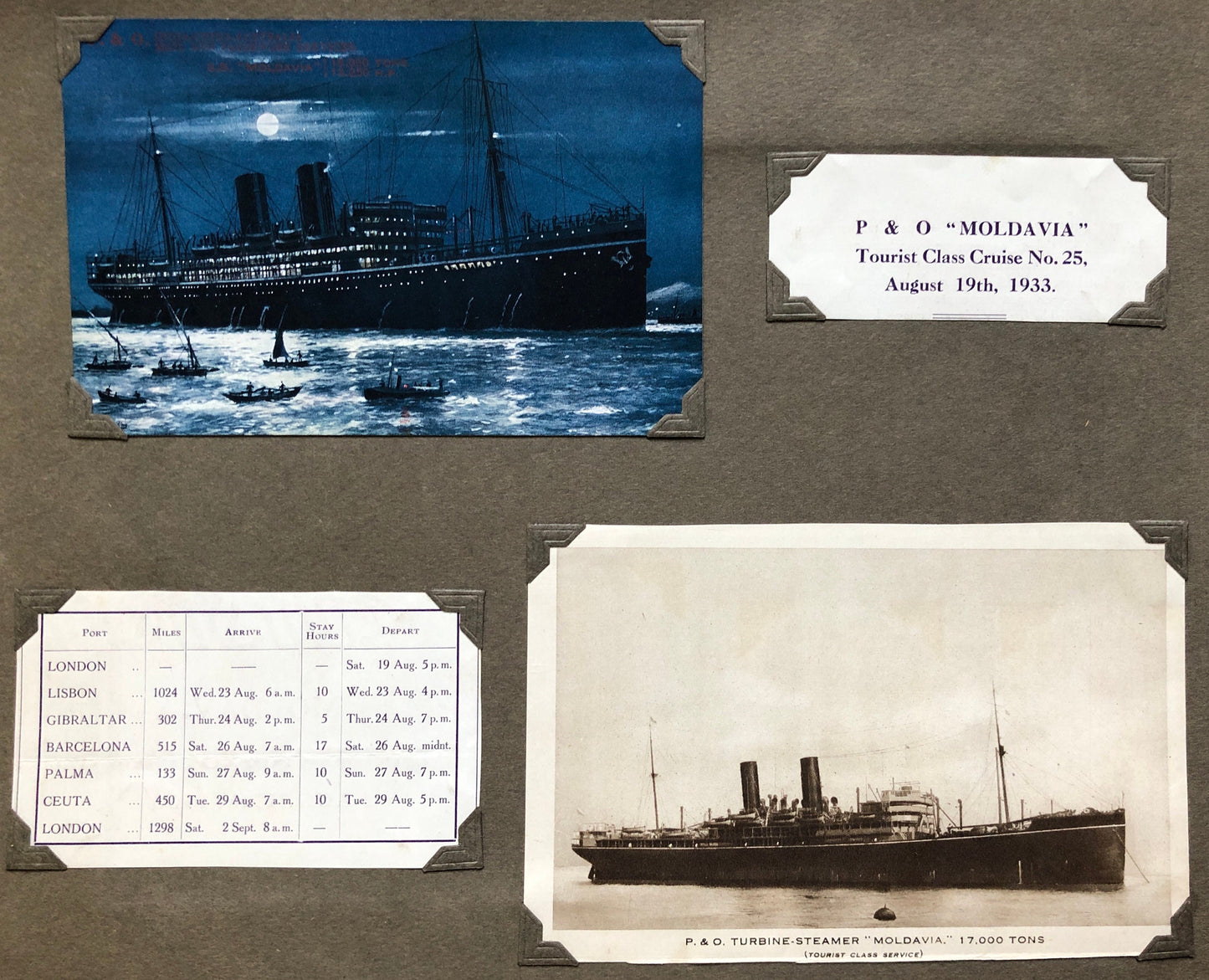 An Souvenir Album of Photographs and Memorabilia from a P & O Cruise Around The Mediterranean on The S.S. Moldovia. Dated August 1933.