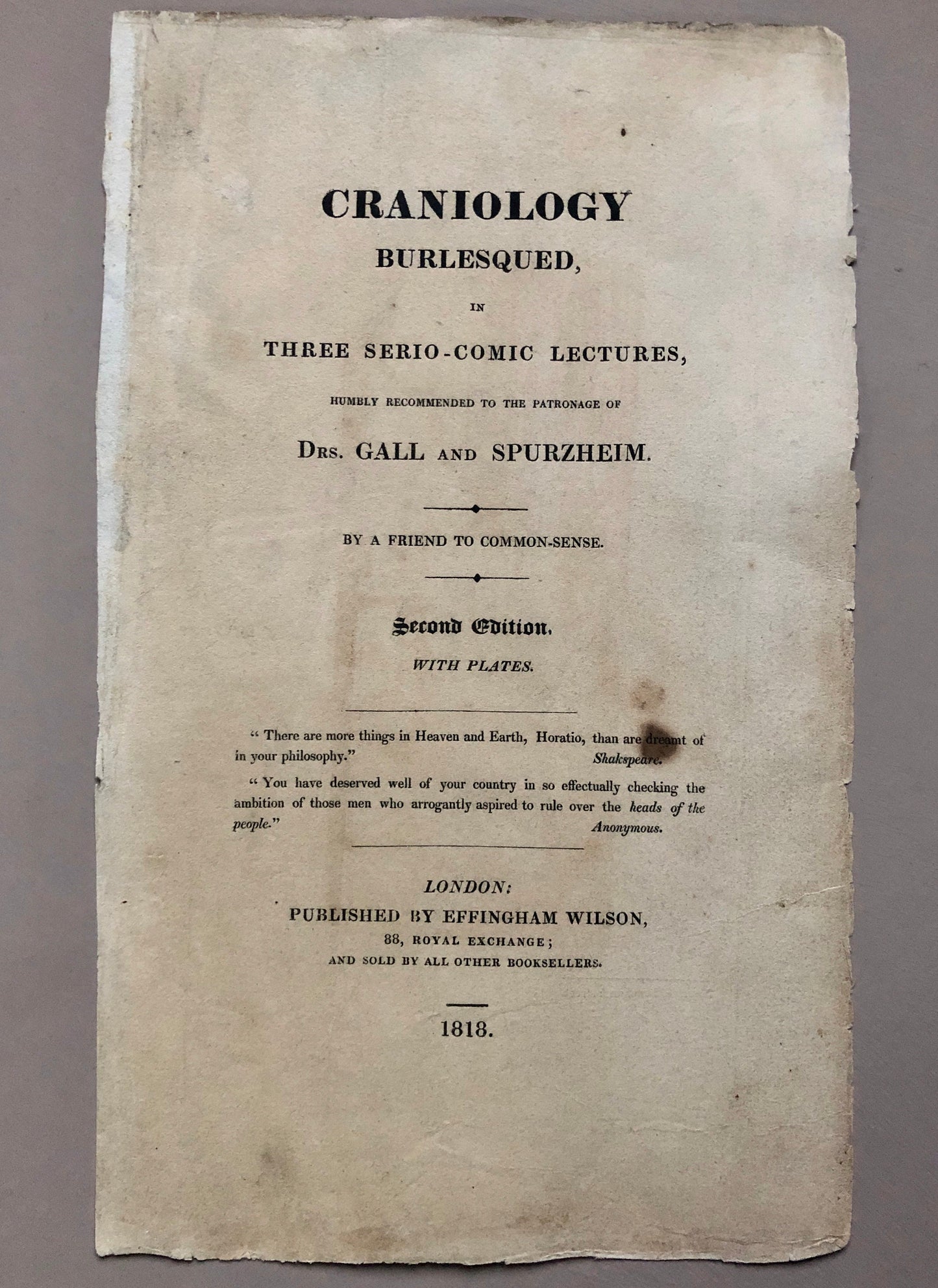 Two Engravings From Craniology Burlesqued in Serio-comic Lectures. Published by Effingham Wilson in 1818. Size: 22.5 x 13 cms.