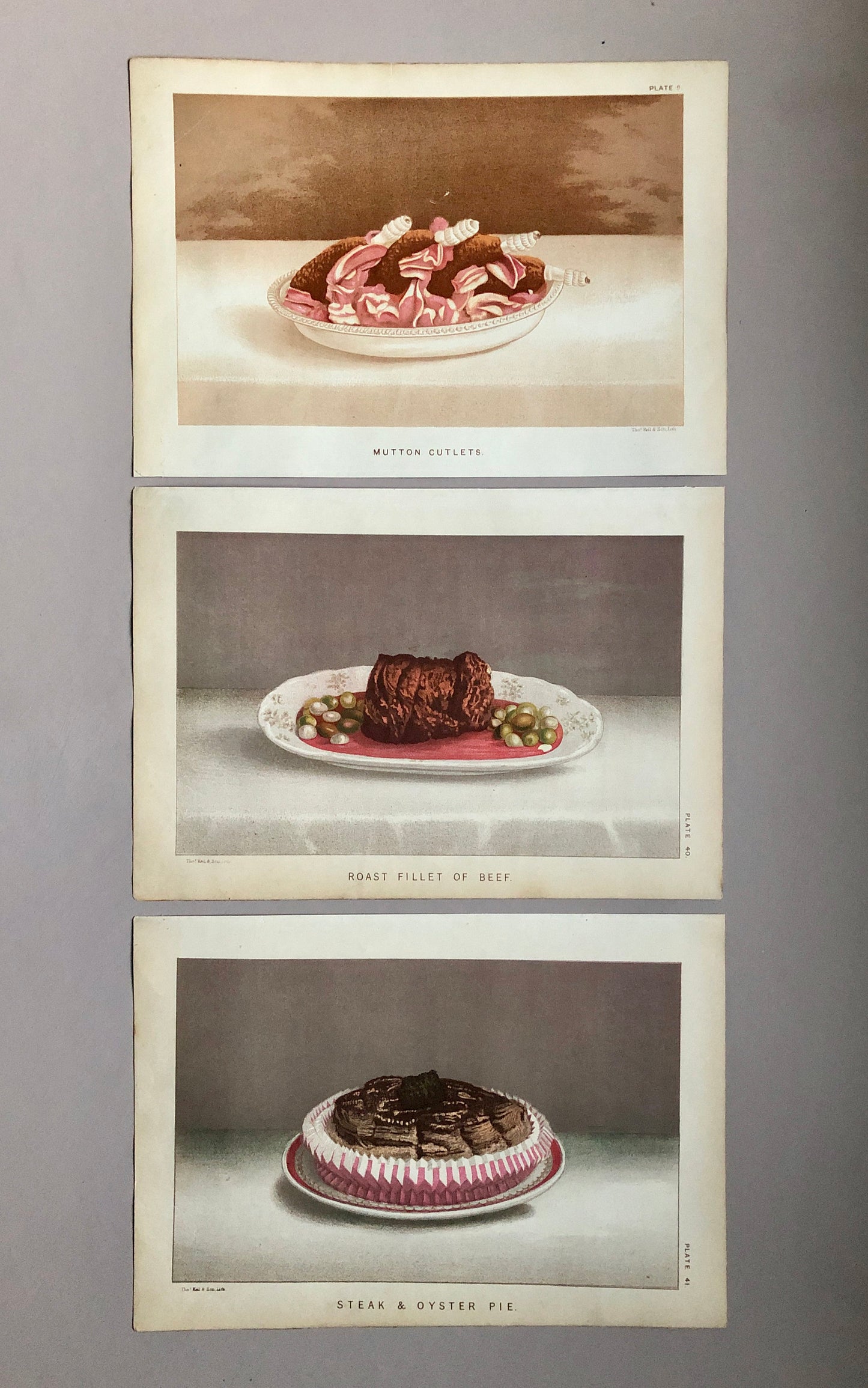 Three Plates of food From a Victorian Cookbook. Beautiful chromolithographs. Engraved by Thomas Kell in the 1880’s. Size: 17.5 x 25 cms.