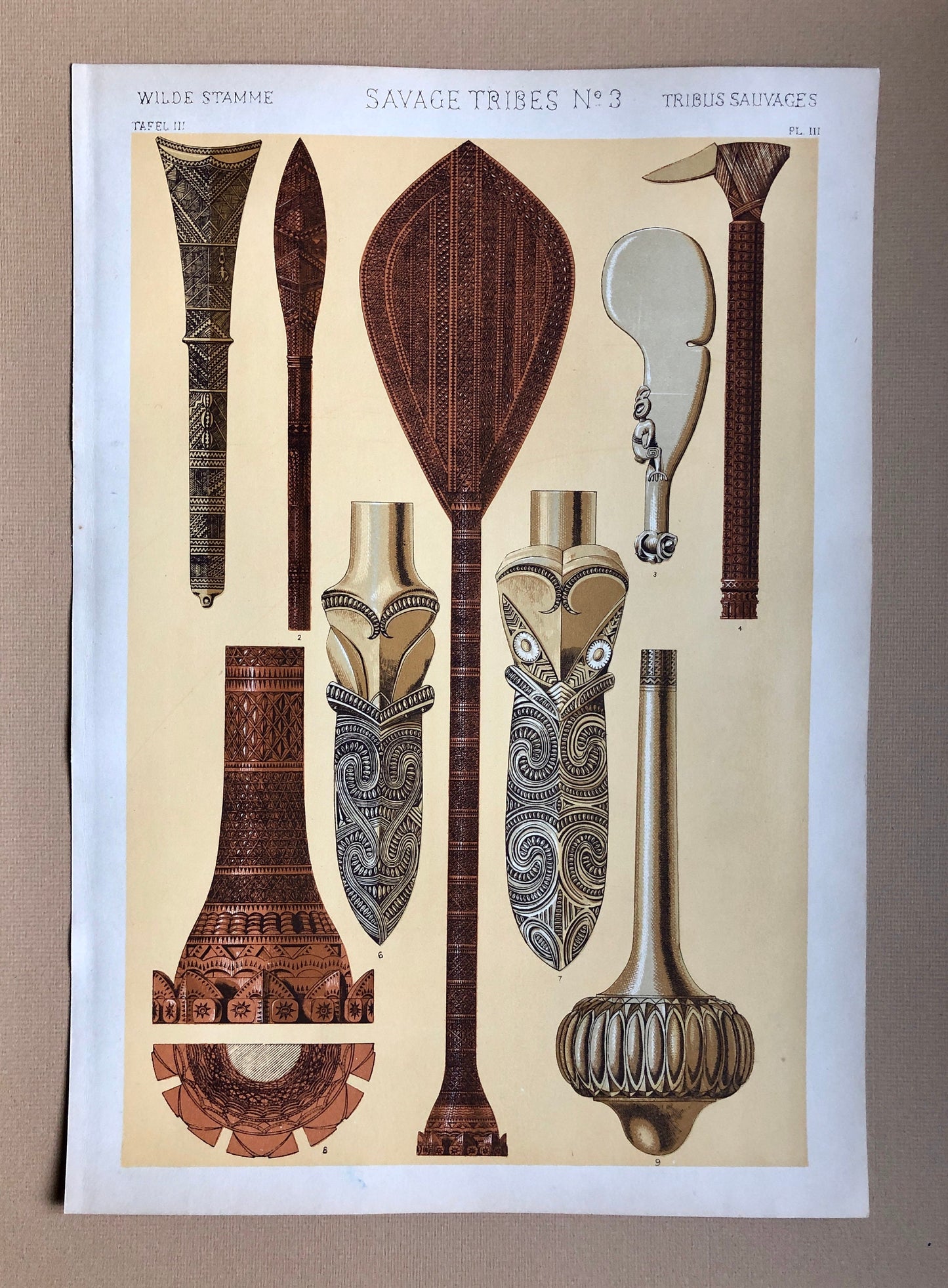 Ornament of Savage Tribes. Three Original Plates From The Grammar of Ornament by Owen Jones (1809-68). 33 x 23 cms.
