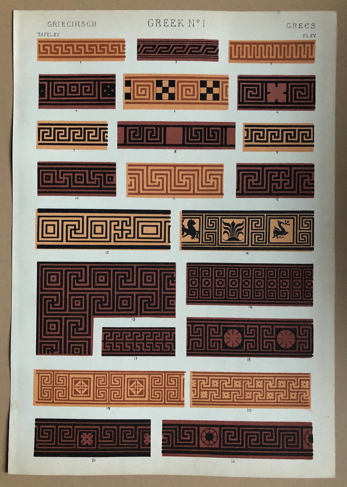 Greek Ornament Nos. 1, 3, 5 and 6. Four antique Plates From The Grammar of Ornament by Owen Jones (1809-68). 33 x 23 cms.