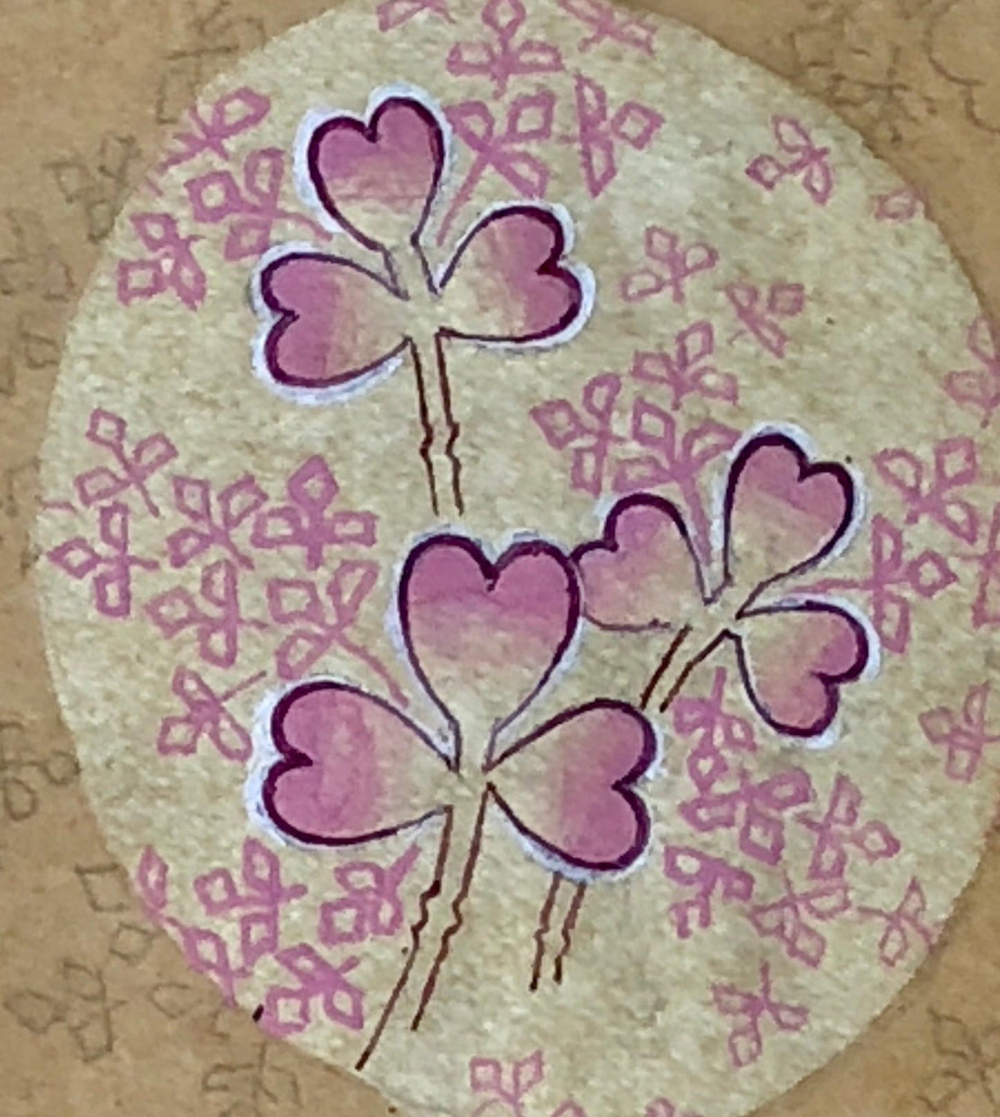 An Original Hand Painted Antique French Textile Design. Pink and purple leaves. Produced in Lyon in 1904. Size: 9 x 7.3 cms.