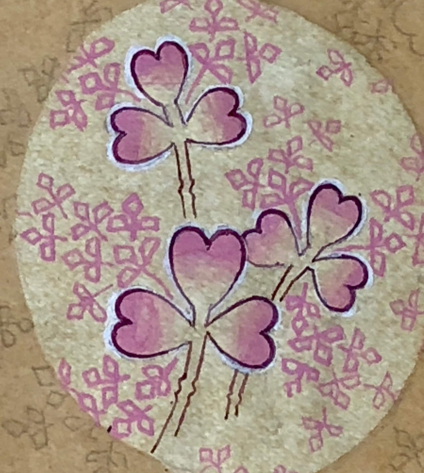 An Original Hand Painted Antique French Textile Design. Pink and purple leaves. Produced in Lyon in 1904. Size: 9 x 7.3 cms.