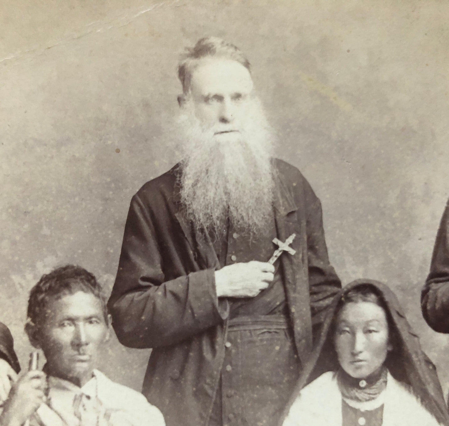 Missionaries - Pere Henri Depelchin - and Tribal People. Photographed by Johnston & Hoffman, India. Late 19th Century. Size: 21 x 17.5 cms.