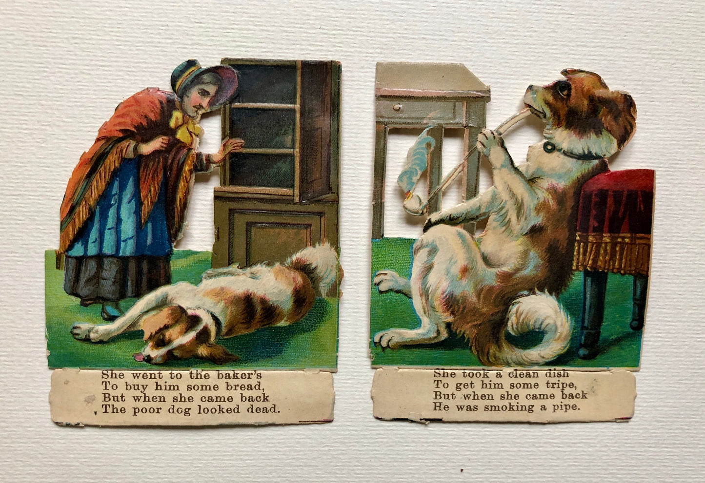 Old Mother Hubbard. A Set of 16 authentic Victorian Scraps. Late 1800’s. Size of each piece: 7.3 x 5.5 cms