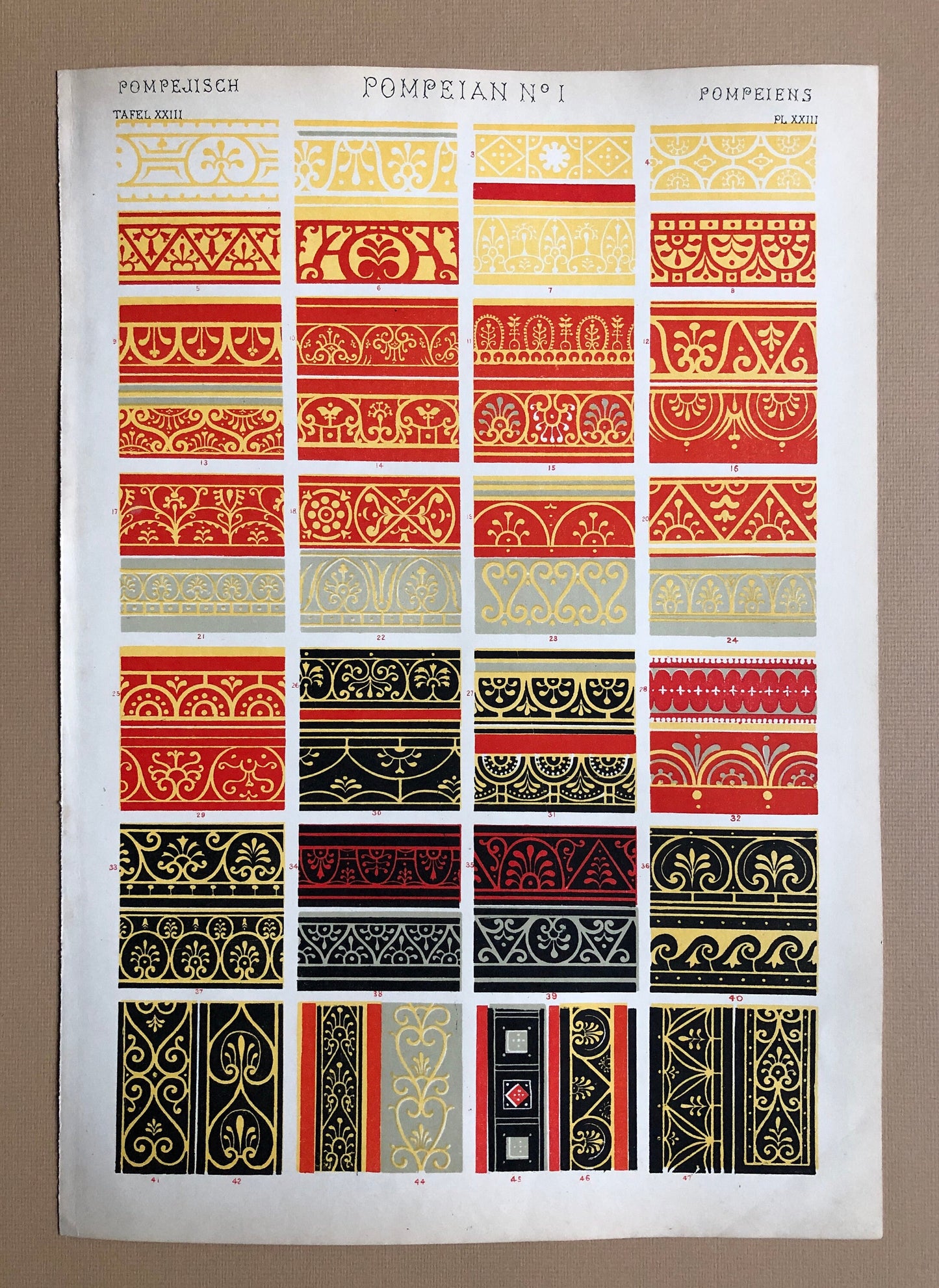 Pompeian Ornament. Nos. 1 and 2. Two antique Plates From The Grammar of Ornament by Owen Jones (1809-68). 33 x 23 cms.