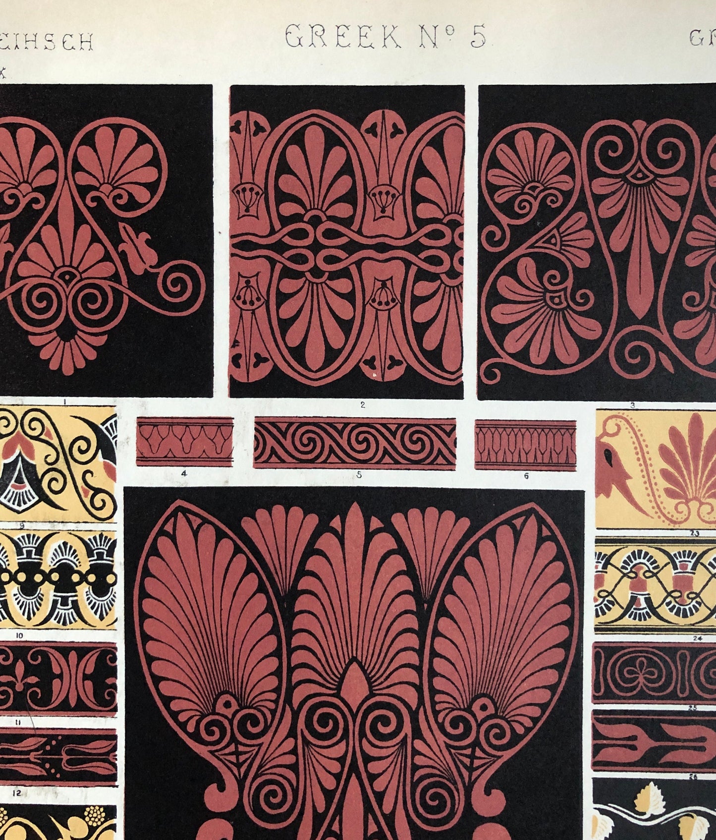Greek Ornament Nos. 1, 3, 5 and 6. Four antique Plates From The Grammar of Ornament by Owen Jones (1809-68). 33 x 23 cms.