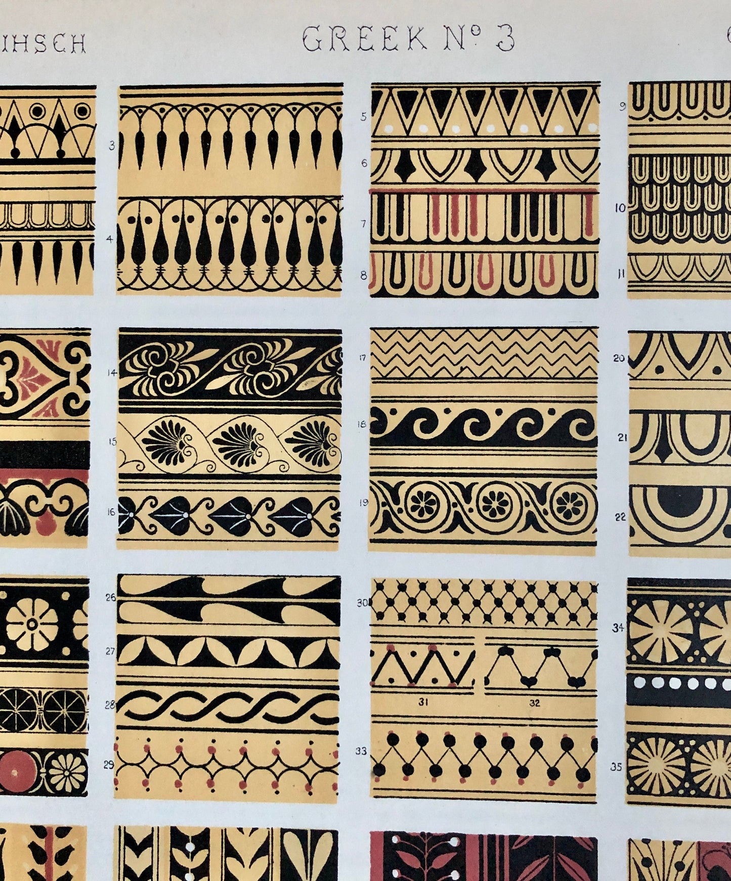 Greek Ornament Nos. 1, 3, 5 and 6. Four antique Plates From The Grammar of Ornament by Owen Jones (1809-68). 33 x 23 cms.
