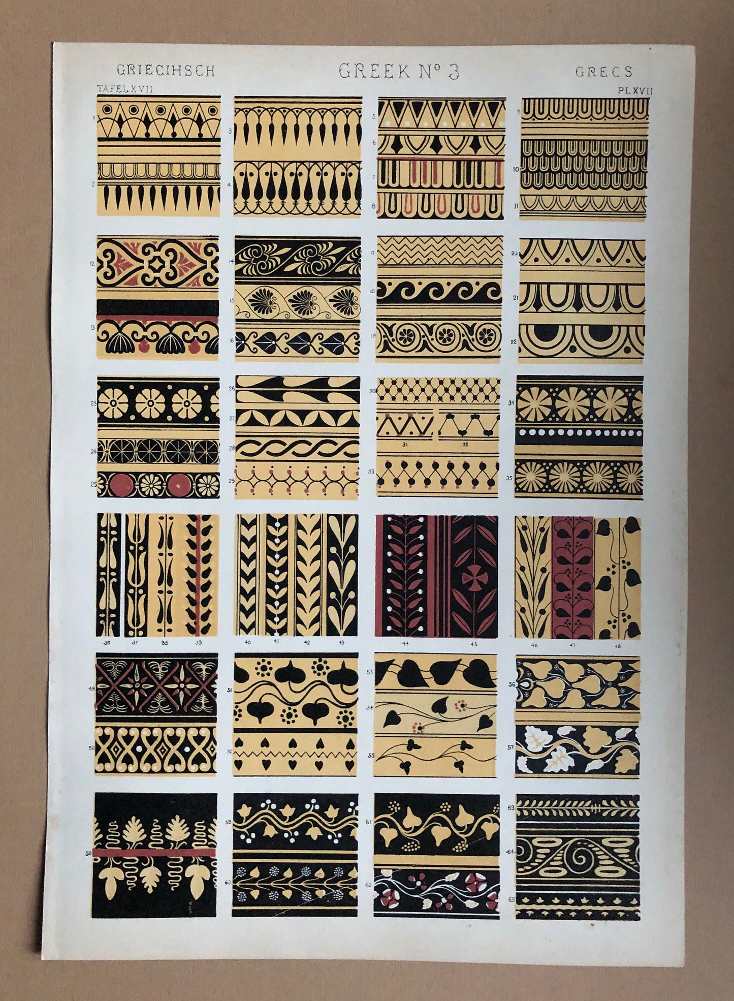 Greek Ornament Nos. 1, 3, 5 and 6. Four antique Plates From The Grammar of Ornament by Owen Jones (1809-68). 33 x 23 cms.