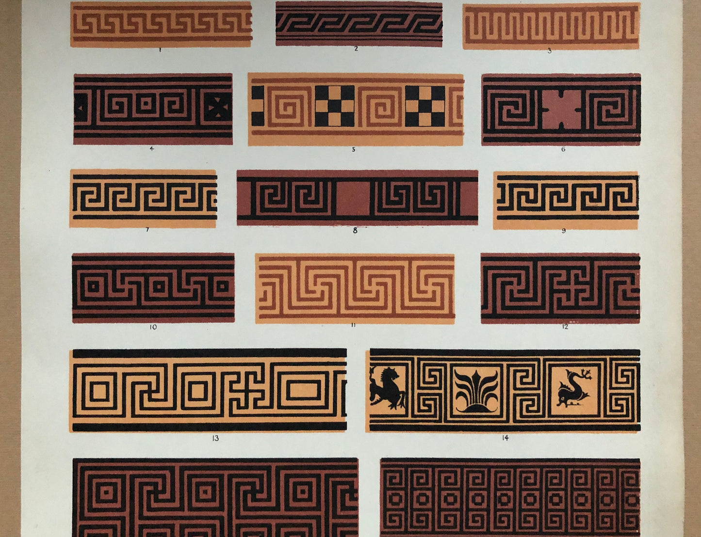Greek Ornament Nos. 1, 3, 5 and 6. Four antique Plates From The Grammar of Ornament by Owen Jones (1809-68). 33 x 23 cms.