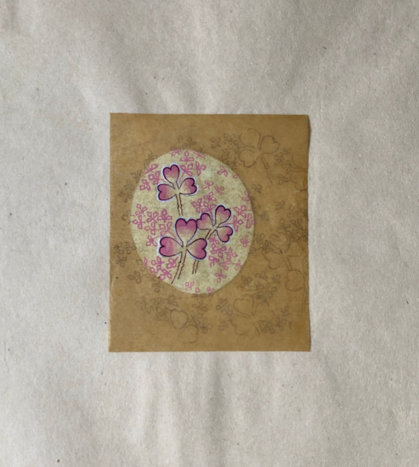 An Original Hand Painted Antique French Textile Design. Pink and purple leaves. Produced in Lyon in 1904. Size: 9 x 7.3 cms.