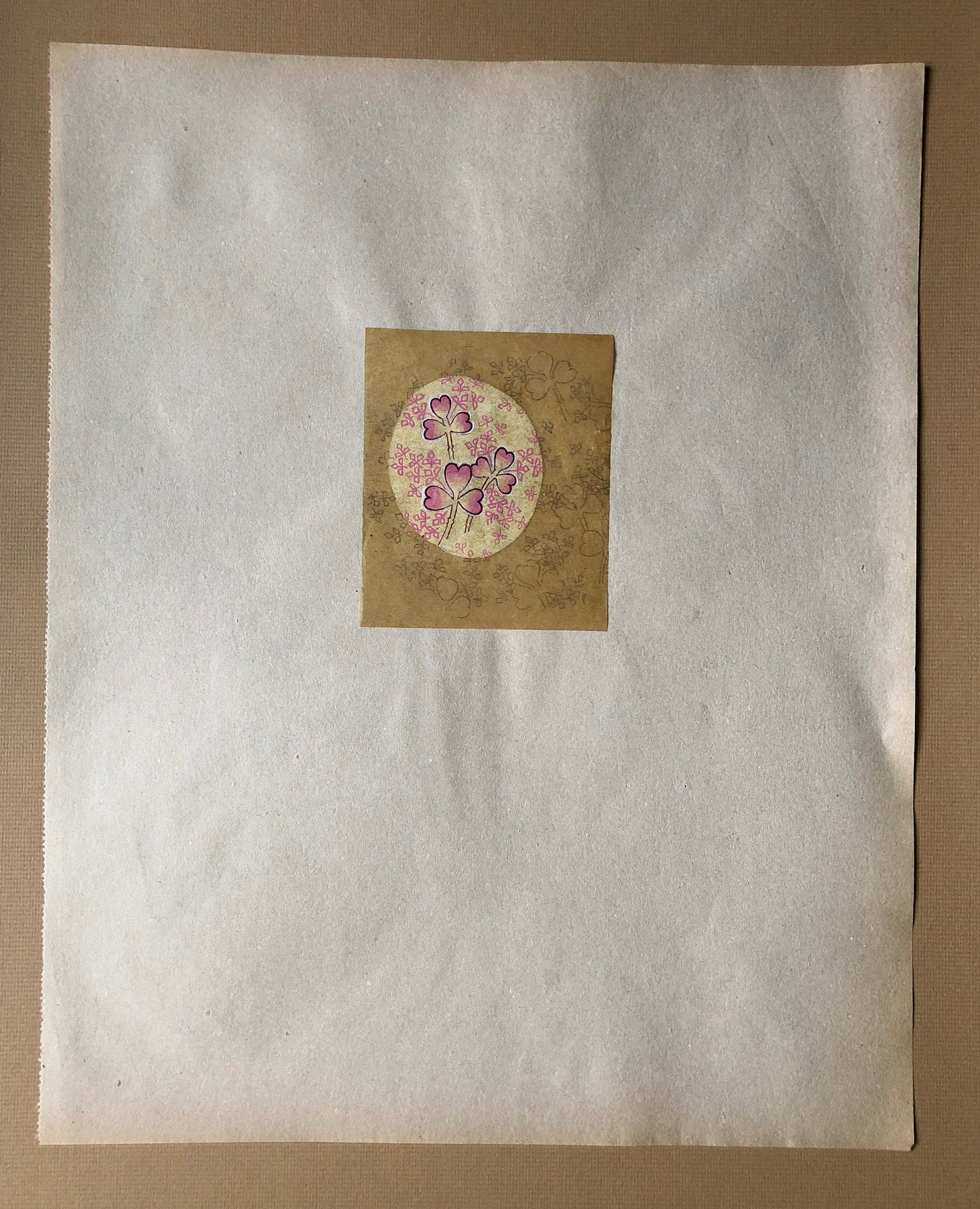 An Original Hand Painted Antique French Textile Design. Pink and purple leaves. Produced in Lyon in 1904. Size: 9 x 7.3 cms.