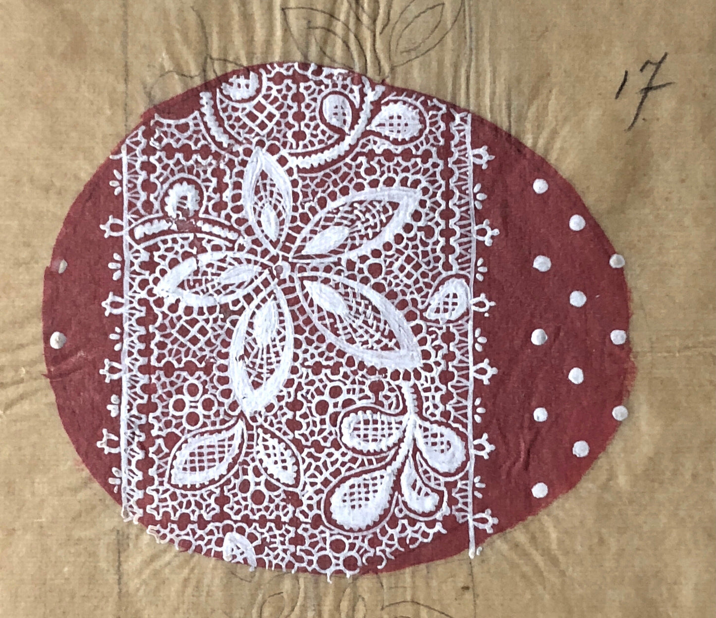 An Original Antique French Textile Design Featuring a Lace Pattern Over Pink. Hand Painted. Produced in Lyon in 1907. Size: 8.5 x 9.8 cms.